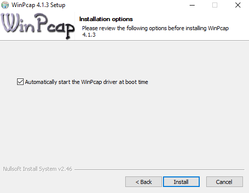Select the start the WinPcap driver at boot option