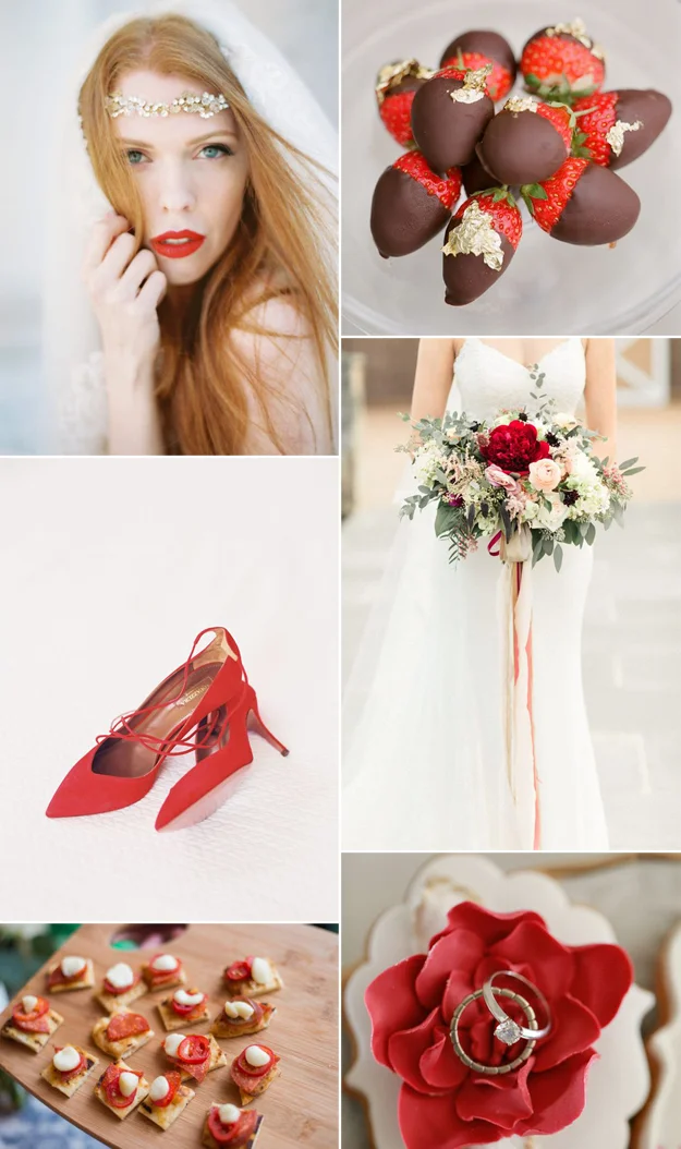 {Image Sources: Bride featured on Style Me Pretty - photo by Your Dream Photo ; Chocolate covered strawberries featured on Style Me Pretty - photo by Greg Finck ; Red shoes featured on Style Me Pretty - photo by Tec Petaja ; Bouquet featured on Style Me Pretty - photo by Meredith Sledge ; Appetizers featured on Style Me Pretty ; Ring featured on Style Me Pretty }