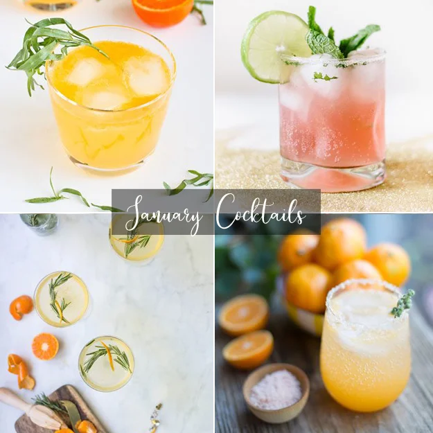 Clementine & Lemon Gin cocktail via Cookin Canuck Blood Orange Mojito via The Sweetest Occasion Rosemary Clementine Prosecco cocktail via West Elm Sunny Winter Cocktail via The Sweetest Occasion