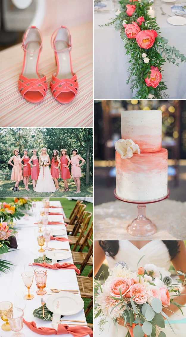 {Image Sources: Coral heels featured on Intimate Weddings ; Coral floral arrangement featured on Style Me Pretty - photo by Greg Finck ; Bride and bridesmaids featured on Style Me Pretty - photo by Lena Kozhina ; Wedding cake featured on Style Me Pretty - photo by Clane Gessel ; Coral table setting featured on Ruffled Blog - photo by Krista Mason; Coral bouquet featured on 100 Layer Cake - photo by Edyta Szyszlo }