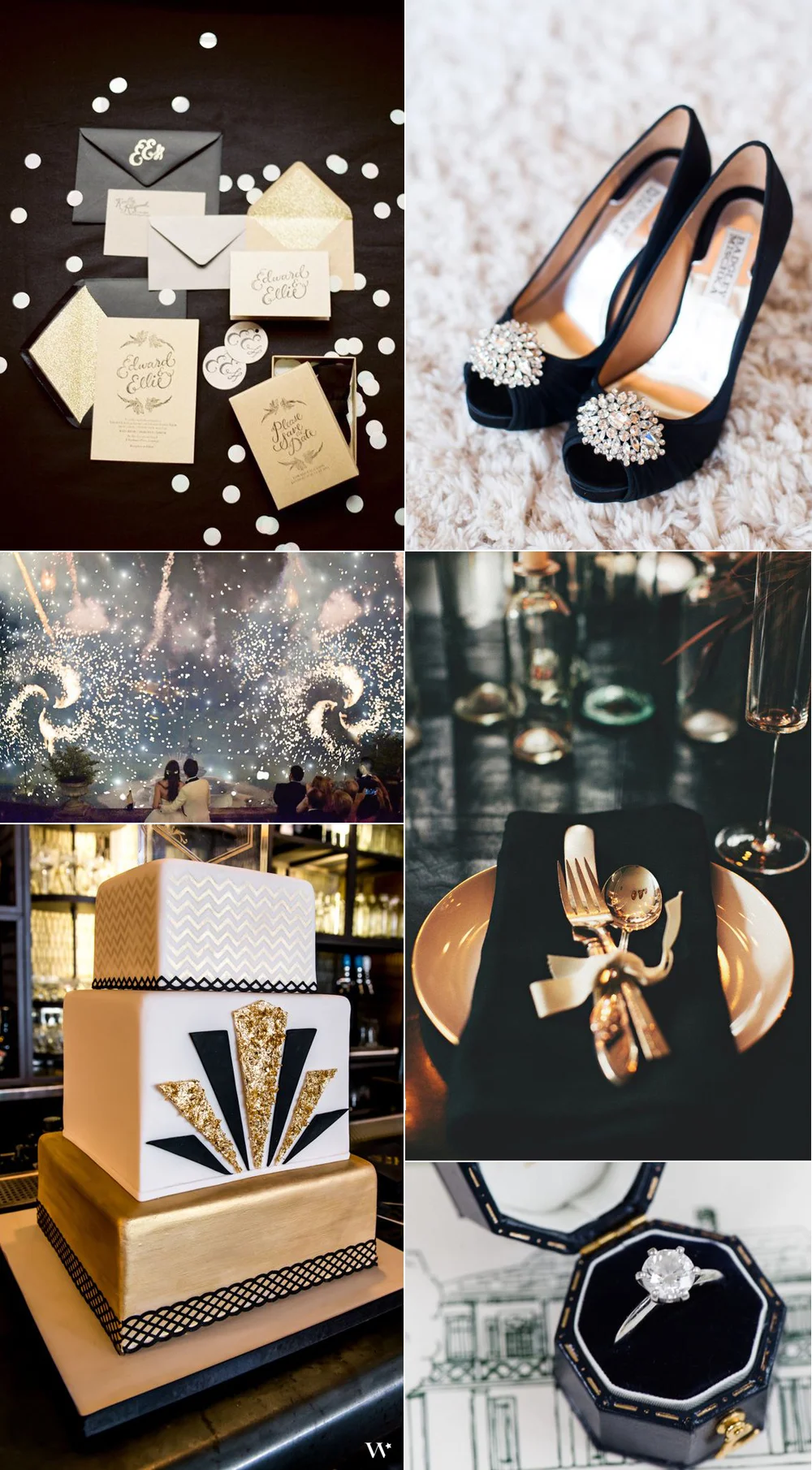 {Image Sources: Invites featured on Style Me Pretty ; black heels featured on Style Me Pretty - photo by Candice Benjamin ; fireworks featured on Style Me Pretty - photo by Emma & Clau ; gold table setting featured on Style Me Pretty - photo by Rebecca Hansen ; black and gold cake featured on Wedding Star ; ring featured on Style Me Pretty - photo by Lance Nicoll }