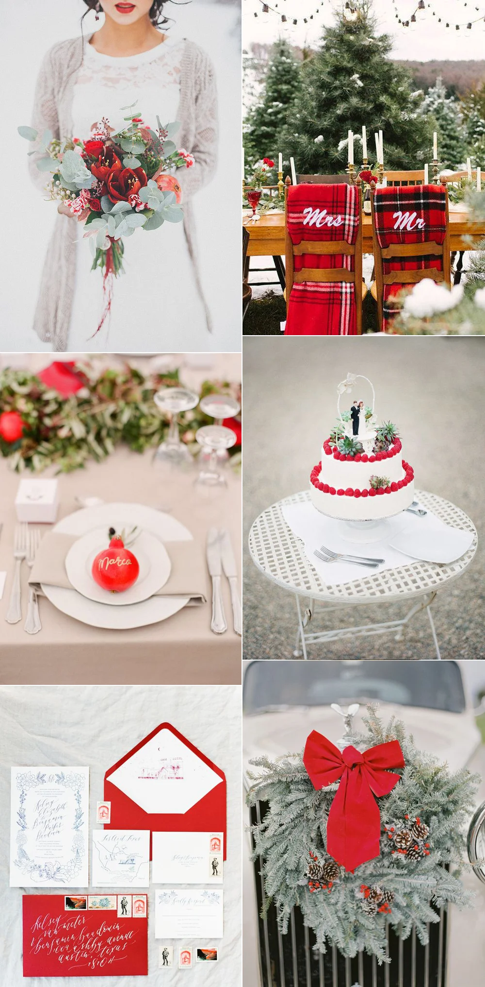 {Image Sources: Bride holding bouquet featured on My Wed ; Mr & Mrs blankets by Team Bride Designs ; Pomegranate table setting featured on Style Me Pretty - photo by Les Anagnou ; Wedding cake featured on Style Me Pretty - photo by The Edges ; Red Invitations featured on Style Me Pretty ; wreath featured on Style Me Pretty - photo by Amelia Johnson }