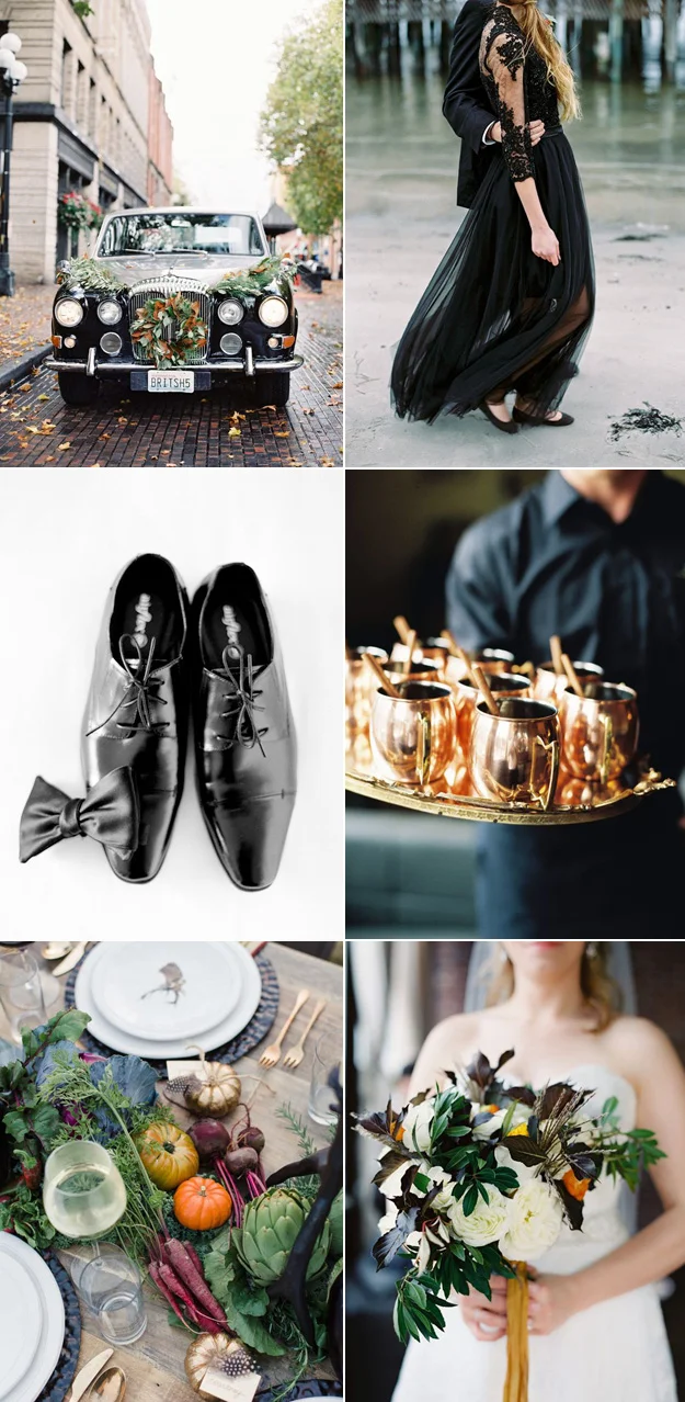 {Image Sources: Black car featured on Style Me Pretty - photo by O'Malley Photographers ; Black gown featured on Style Me Pretty - photo by 2 Brides Photography ; Black shoes featured on Style Me Pretty - photo by Jose Villa Photography ; Moscow Mule drinks featured on Style Me Pretty - photo by O'Malley Photographers ; Fall table setting featured on Style Me Pretty - photo by Jeremiah and Rachel Photography ; Fall bouquet featured on Style Me Pretty - photo by O'Malley Photographers }