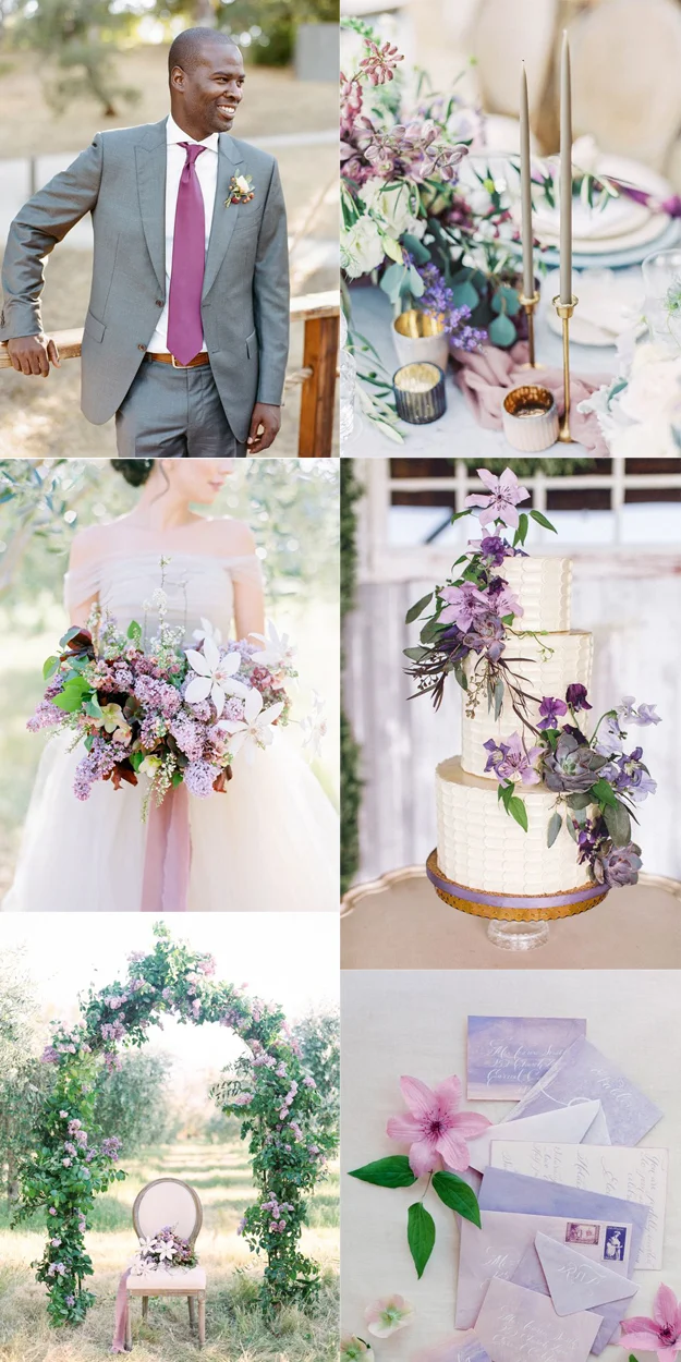 {Image Sources: Groom with purple tie via Style Me Pretty - photo by Josh Gruetzmacher ; Table setting via Style Me Pretty - photo by Sally Pinera ; Lilac bouquet via Style Me Pretty - photo by Esmerelda Franco ; Purple wedding cake via Style Me Pretty ; Lilac arch via Style Me Pretty - photo by Esmerelda Franco ; Purple watercolor wedding invites via Style Me Pretty - photo by Jose Villa Photography }