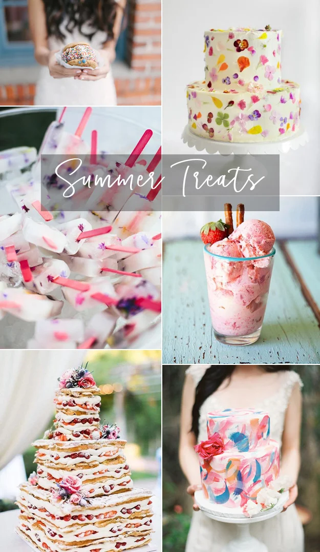 {Image Sources: Ice cream sandwich via Weddings In Woodinville - photo by Blue Rose Photography ; Flower petal cake via Polka Dot Bride - photo by Kate O' Sullivan; Flower petal popsicles via Ruffled Blog - photo by Katie Harmsworth ; Strawberry ice cream via Style Me Pretty ; Layered fruit cake via Ruffled Blog - photo by Jadie Jo Photography ; Painted cake via Brides - photo by Lauren Gabrielle Photography}