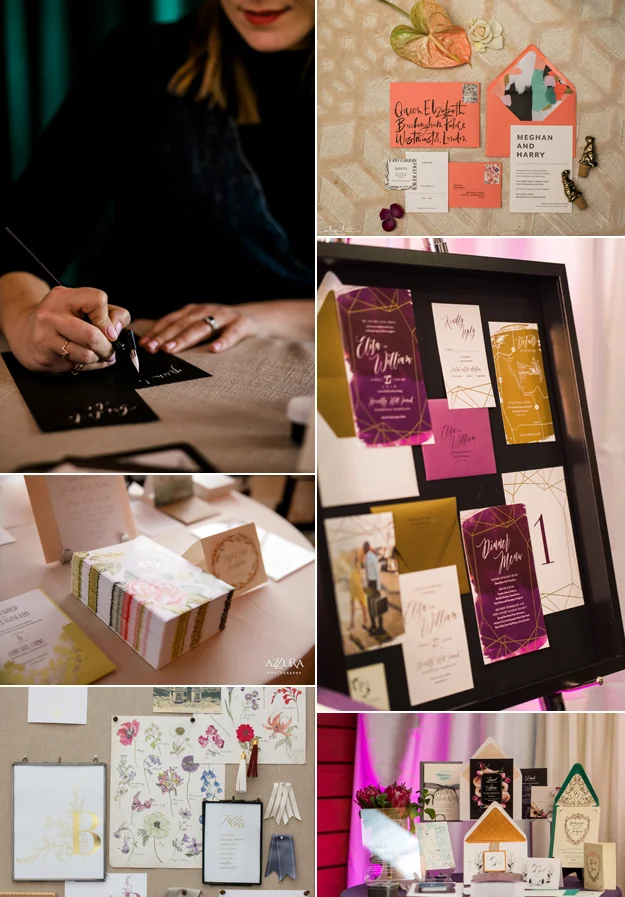 {Image Sources (Left to Right-top to bottom) Invites by Blue Eye Brown Eye - photo by Alante Photography ; Orange invites by Blue Eye Brown Eye - photo by Alante Photography ; Stacked invites by Perfect Press Invitations - photo by Azzura Photography ; Invites by Perfect Press Invitations - photo by Amelia Soper Photography ; photo by Arlene Chambers ; Invites by Perfect Press Invitations - photo by Amelia Soper Photography }