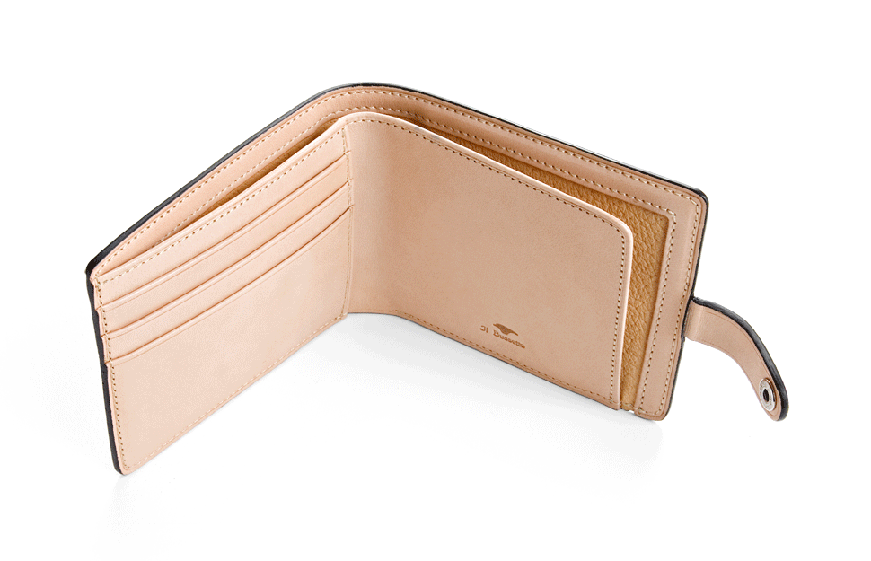 Men's leather bifold wallet with snap closure