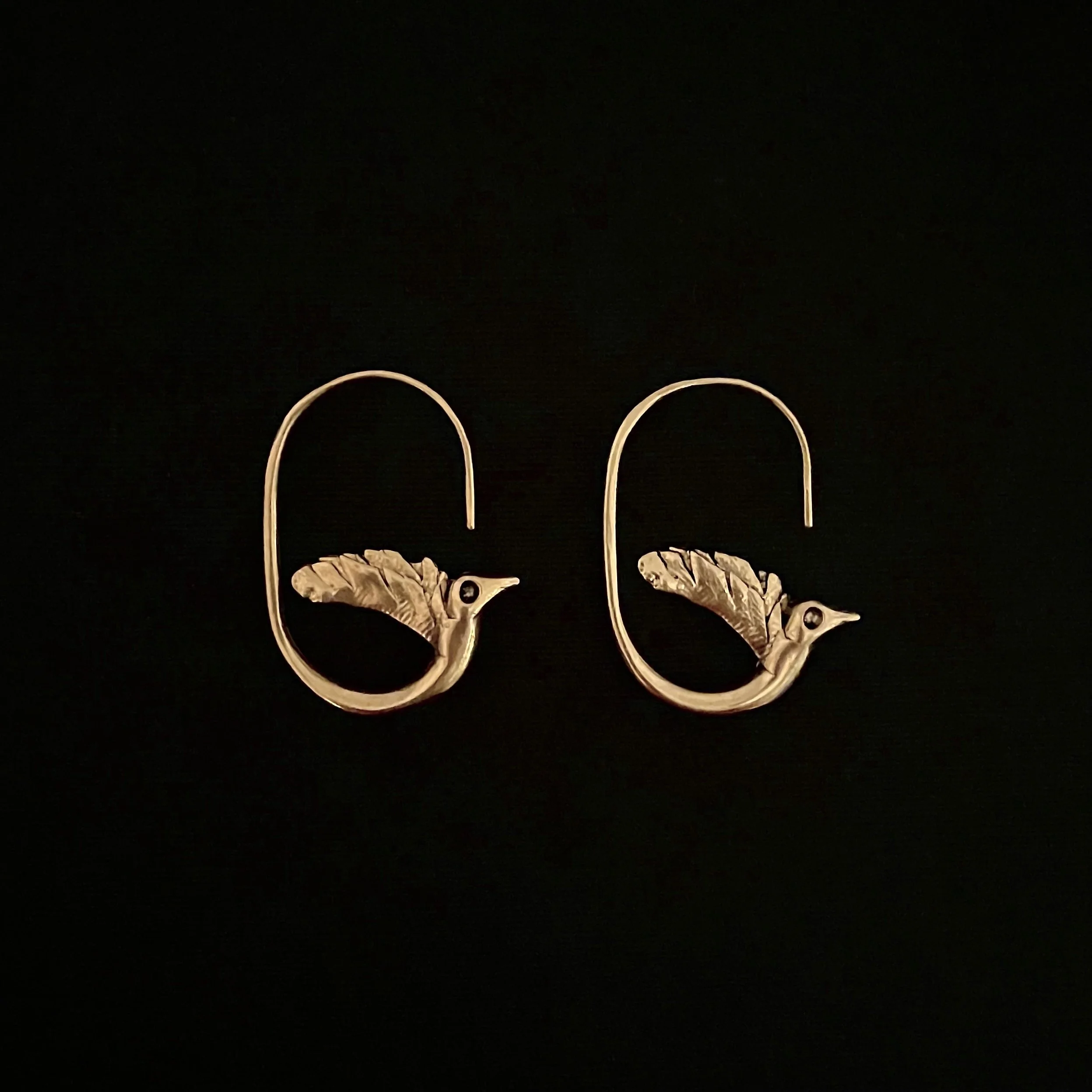 Elisabeth Riveiro Oiseau du Départ bird earrings in gold-plated bronze, sculptural artisan jewellery