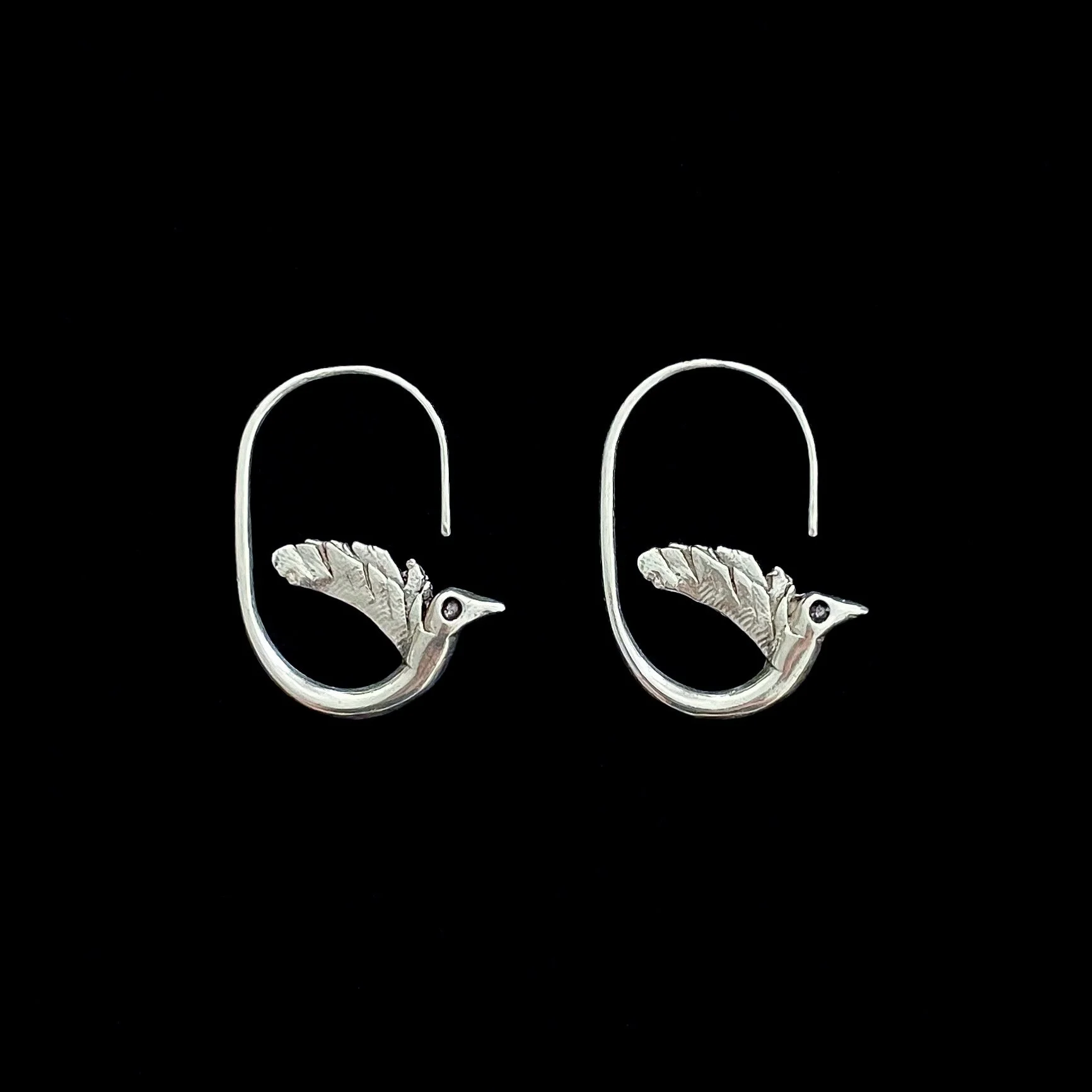 Elisabeth Riveiro Oiseau du Départ bird earrings in silver-plated bronze, handcrafted in Paris using lost-wax casting