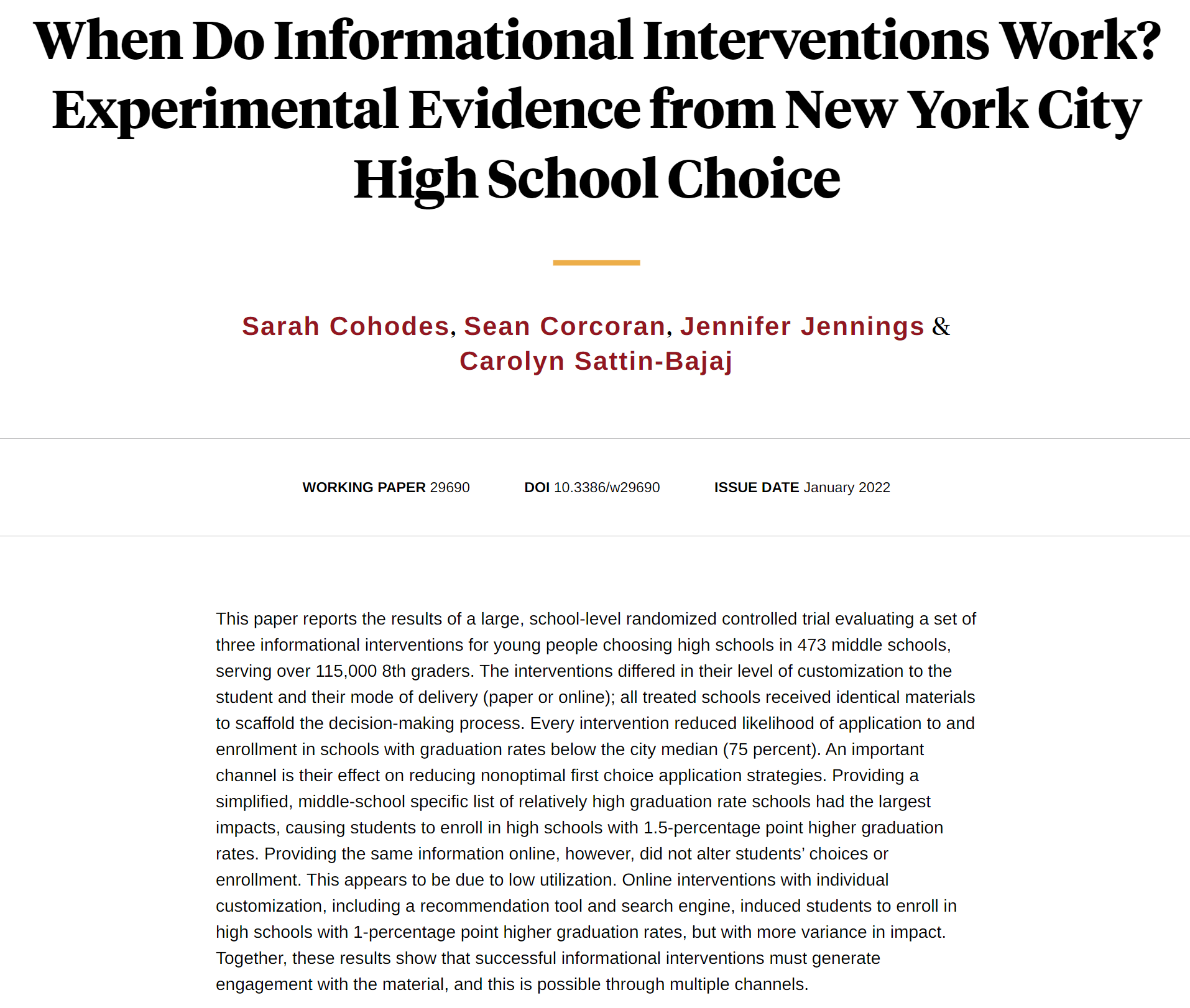 New NBER working paper on informational interventions for school choice