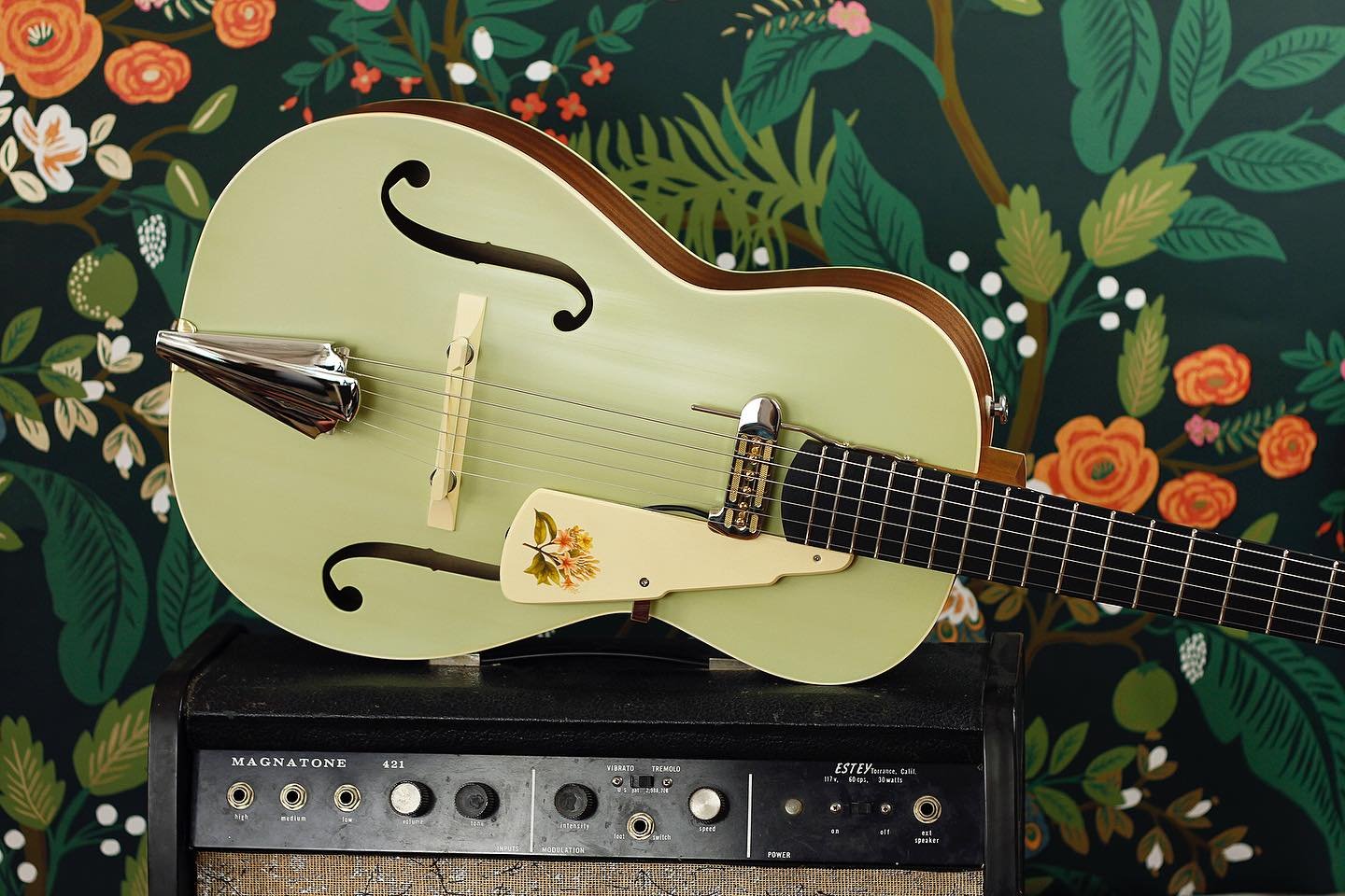 Here&rsquo;s a Rosetta Model 2 in &ldquo;faded mist green&rdquo; recently assembled and ready to leave the shop! I particularly love the inclusion of a wildflower native to Tallahassee on the pickguard, at my customer&rsquo;s request 🪷 This is a spr