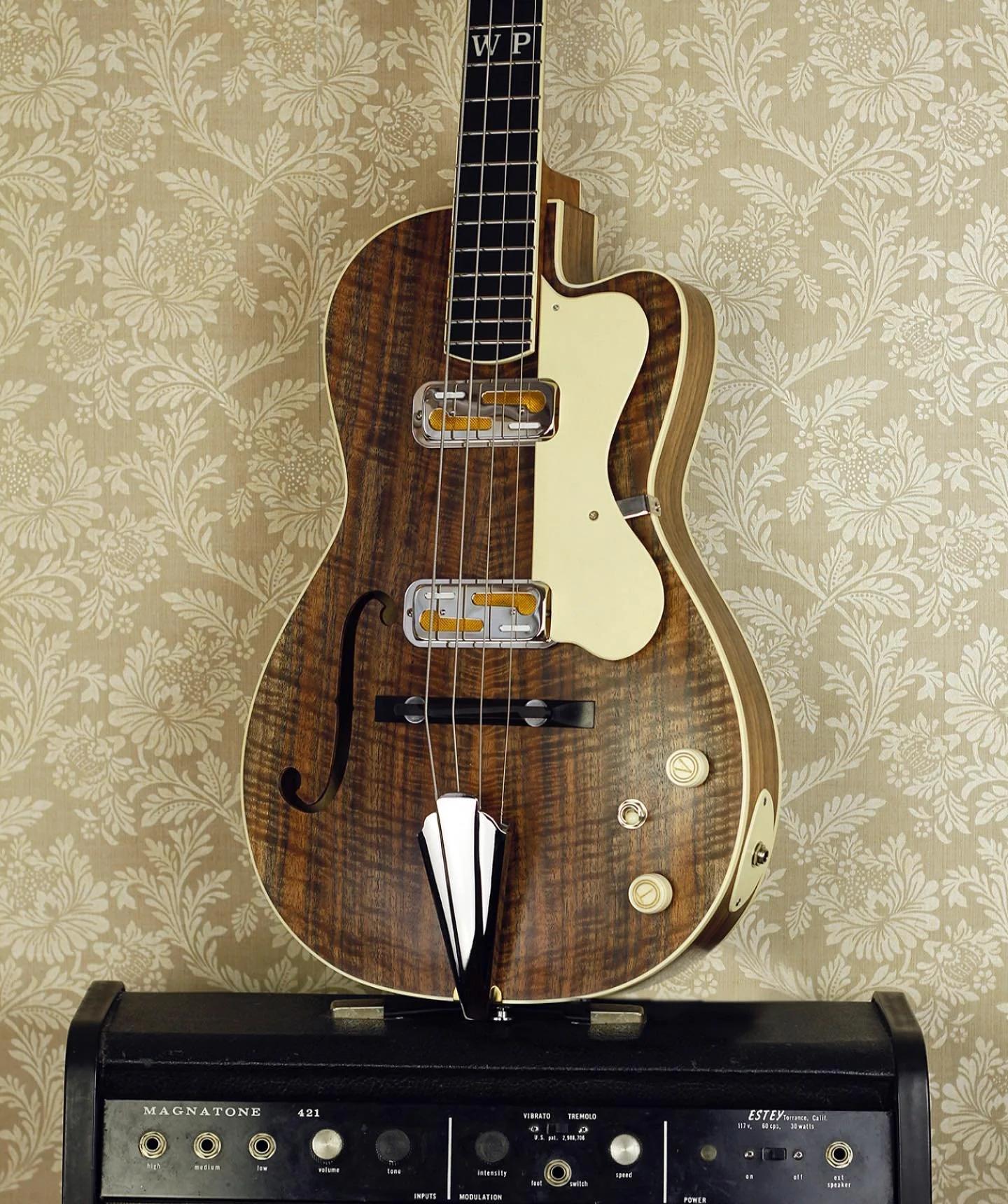 Here is a second (standing) shot of the latest short scale Rosetta archtop bass. This is a lightweight, 30&rdquo; scale, parlor sized instrument featuring the standard Rosetta adjustable neck system. Other features include: figured walnut body, roast