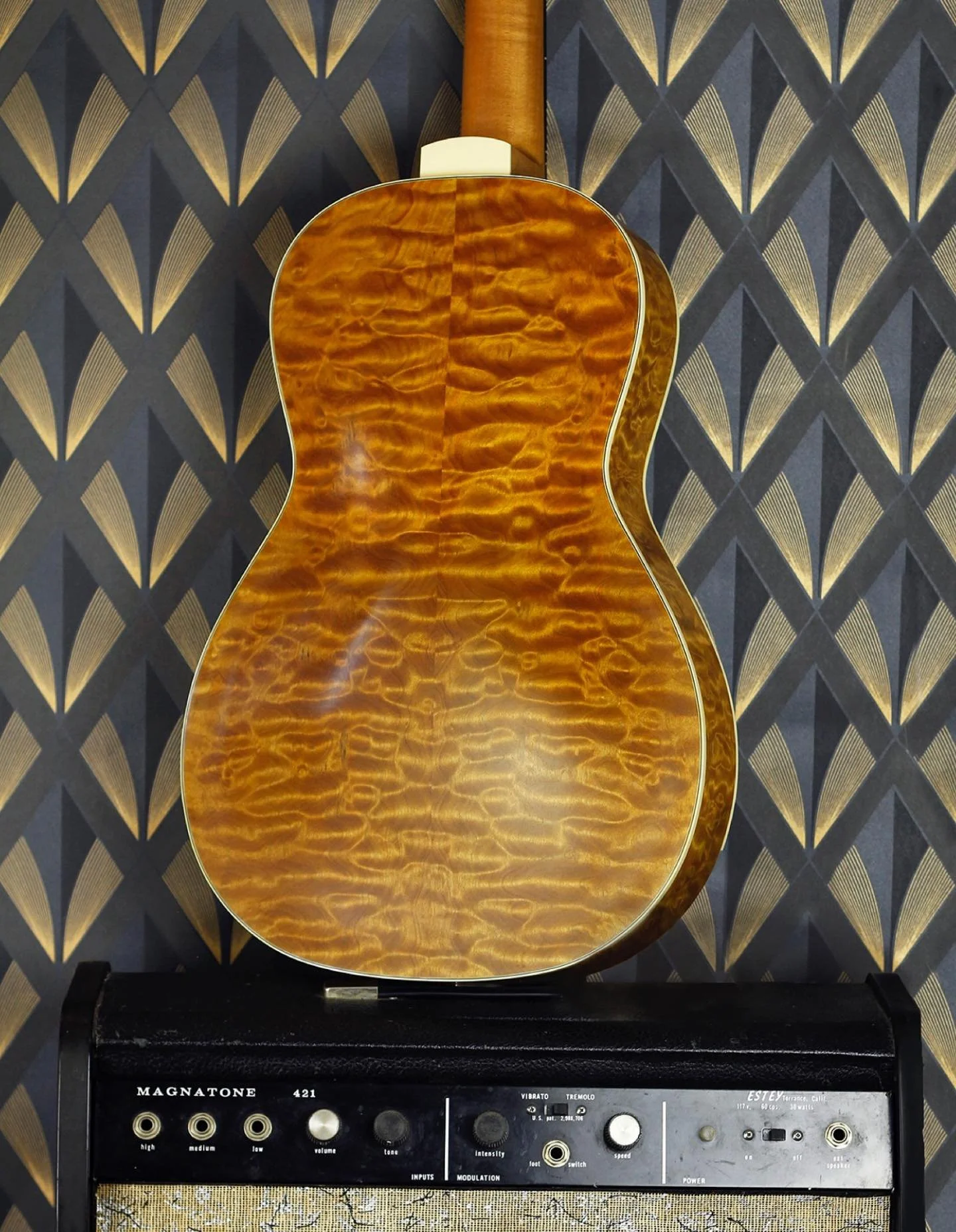 Here&rsquo;s a shot of the quilted maple back/side set on this latest Charlie Christian inspired, Rosetta Model 2. This is a parlor sized, electric archtop, made as a custom project for @vintage_engineer_boots , lovingly dubbed &ldquo;The Wexler&rdqu