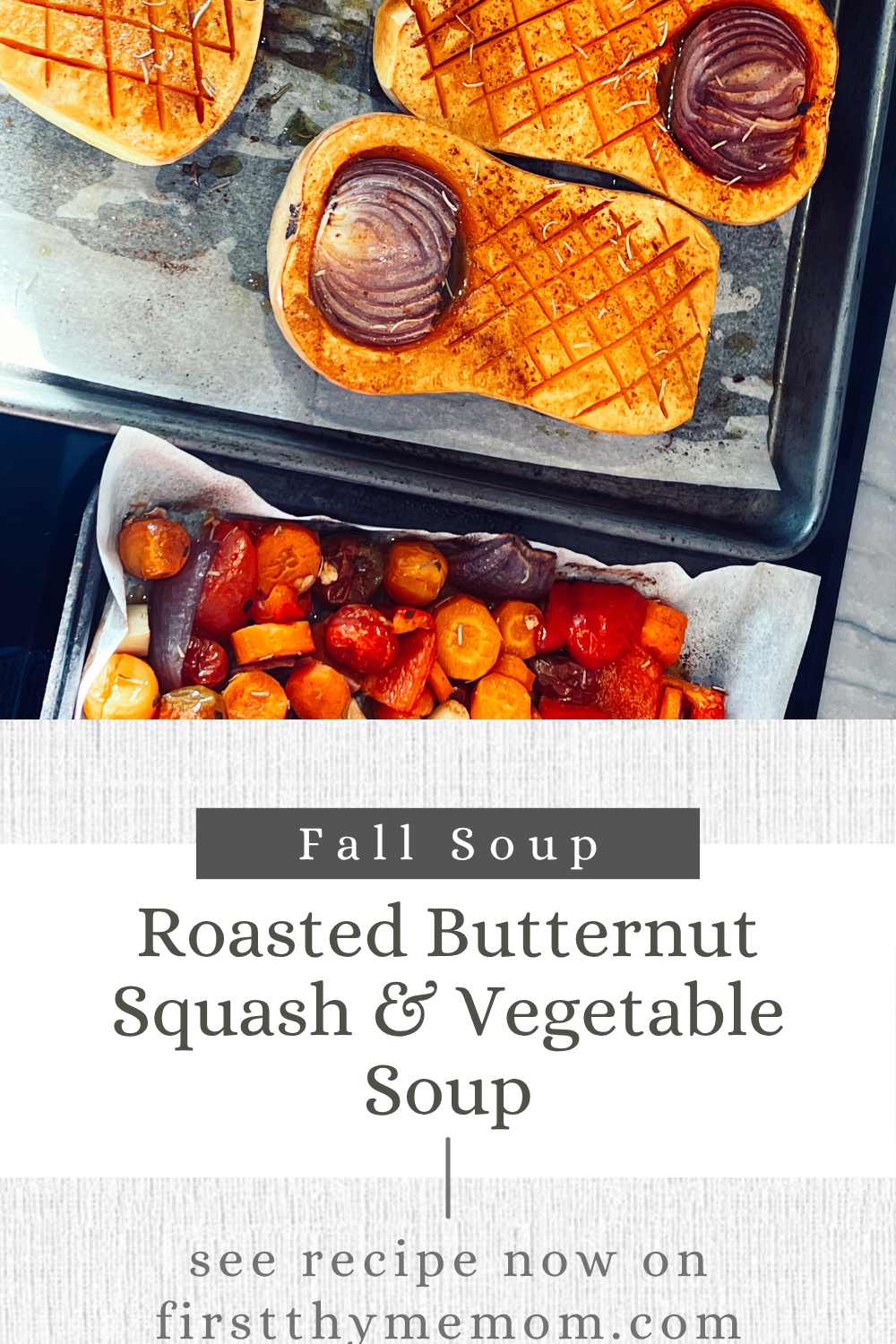 Image of roasted vegetables prepared on a roasting tray for home made Roasted Butternut Squash & Vegetable Soup.