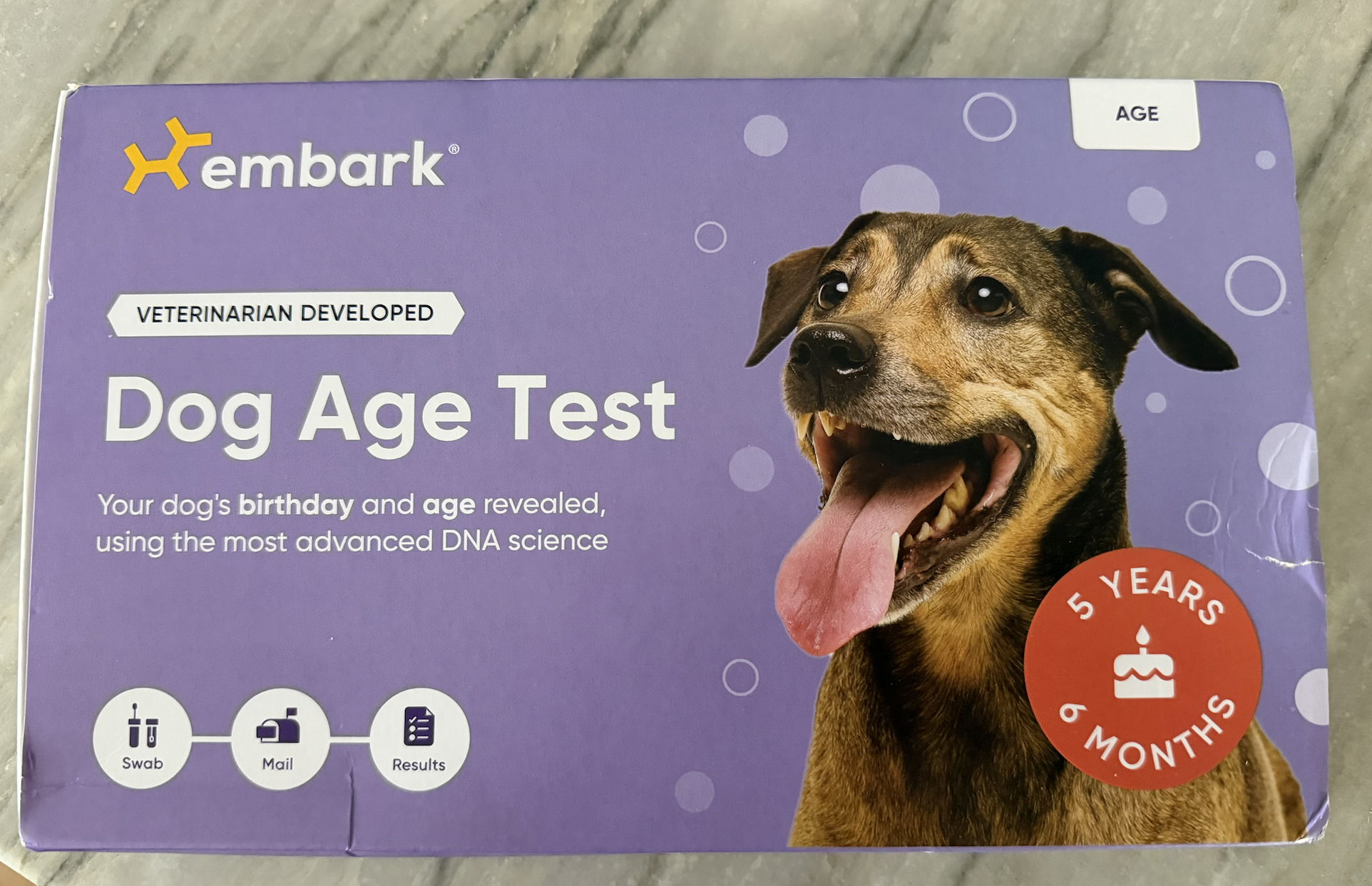 Embark Dog Age Test Kit, picture of the age test kit used to estimate our senior dog's age