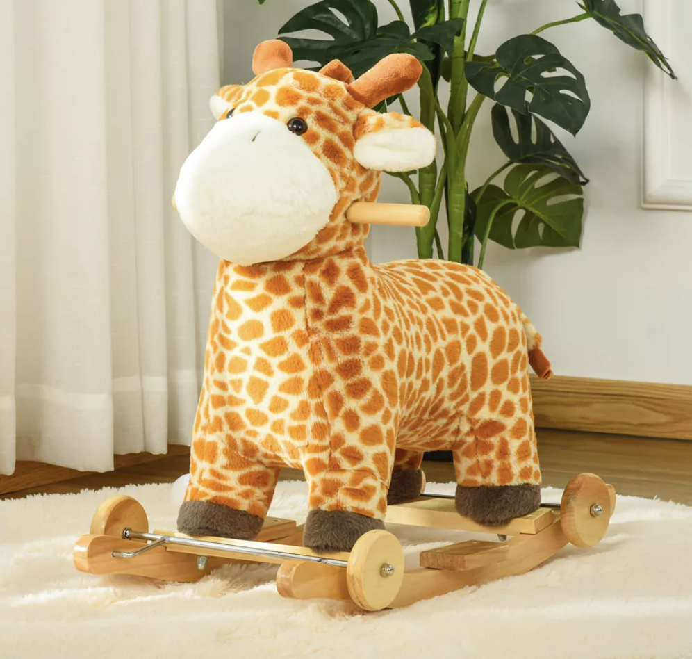 Qaba 2-in-1 Kids Plush Ride-On Rocking Horse Toy, Giraffe-shaped Plush Rocker with Realistic Sounds for Children 3 to 6 Years, Yellow
