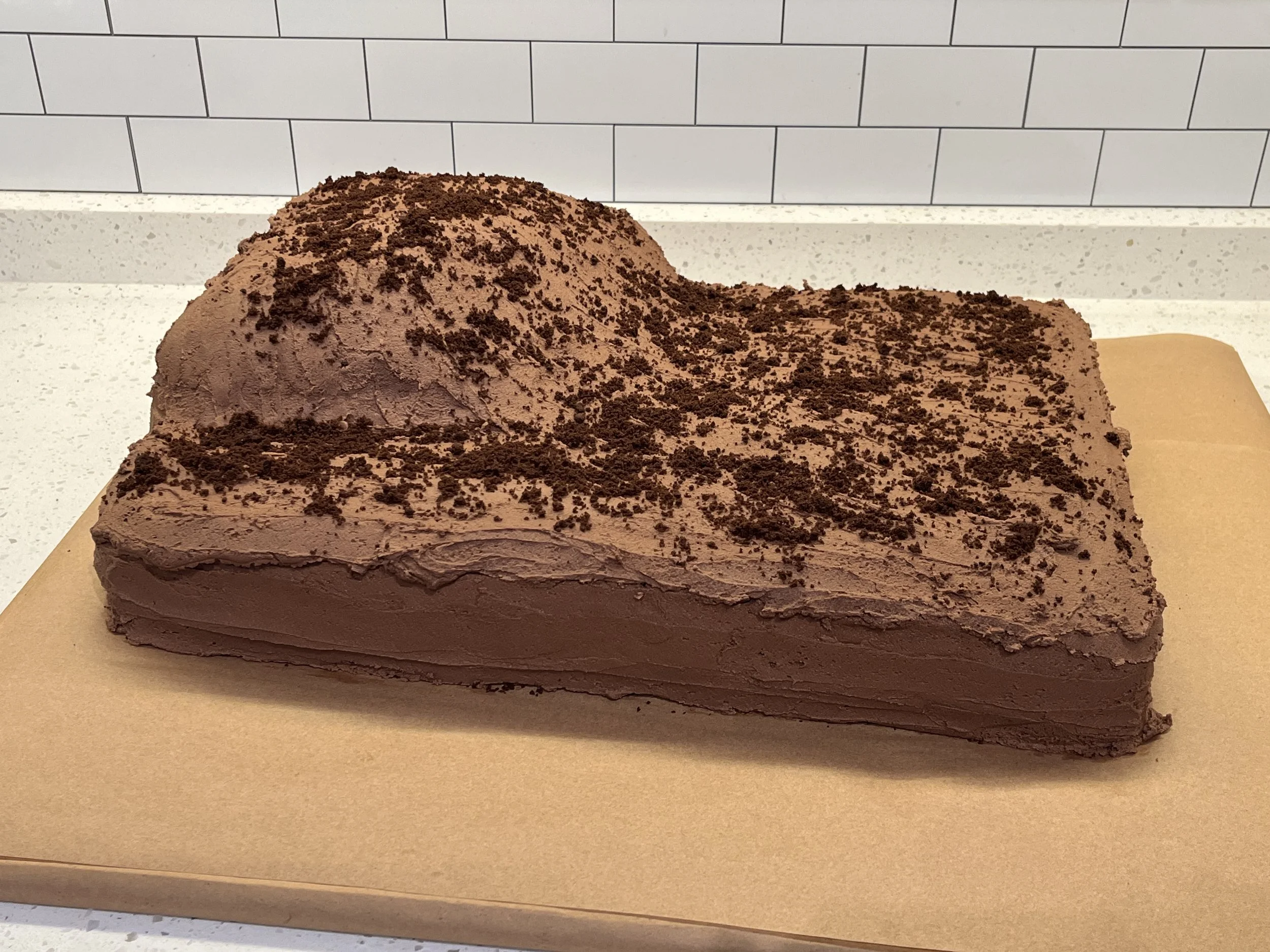 Next step is to frost the cake. This will make it look like a big digging zone.