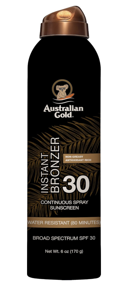 Australian Gold Instant Bronzer 30 Continuous Spray Sunscreen.
