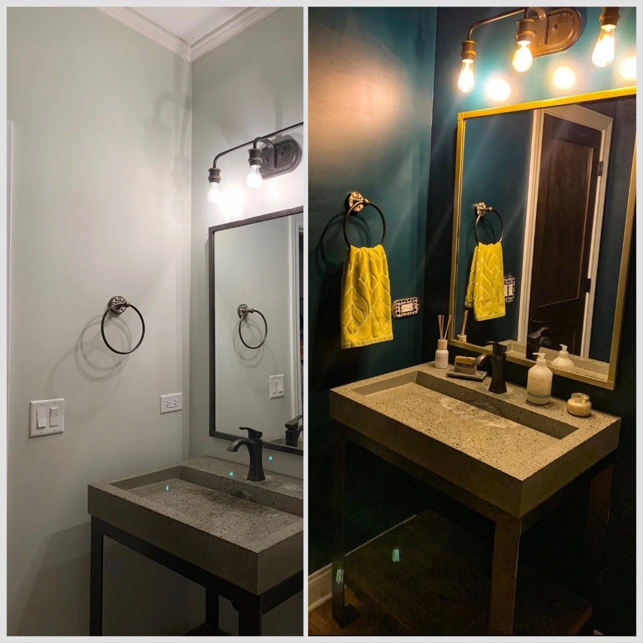 Left side is plain and light in color. The right side is our first floor bathroom with a new dark jade green color