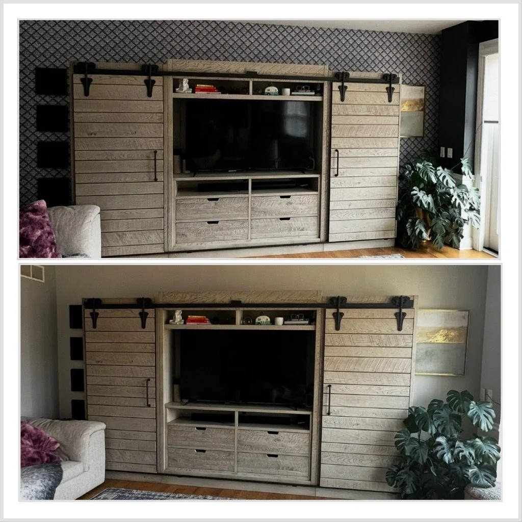 Top is the after, bottom is the before we hung wallpaper behind our entertainment center