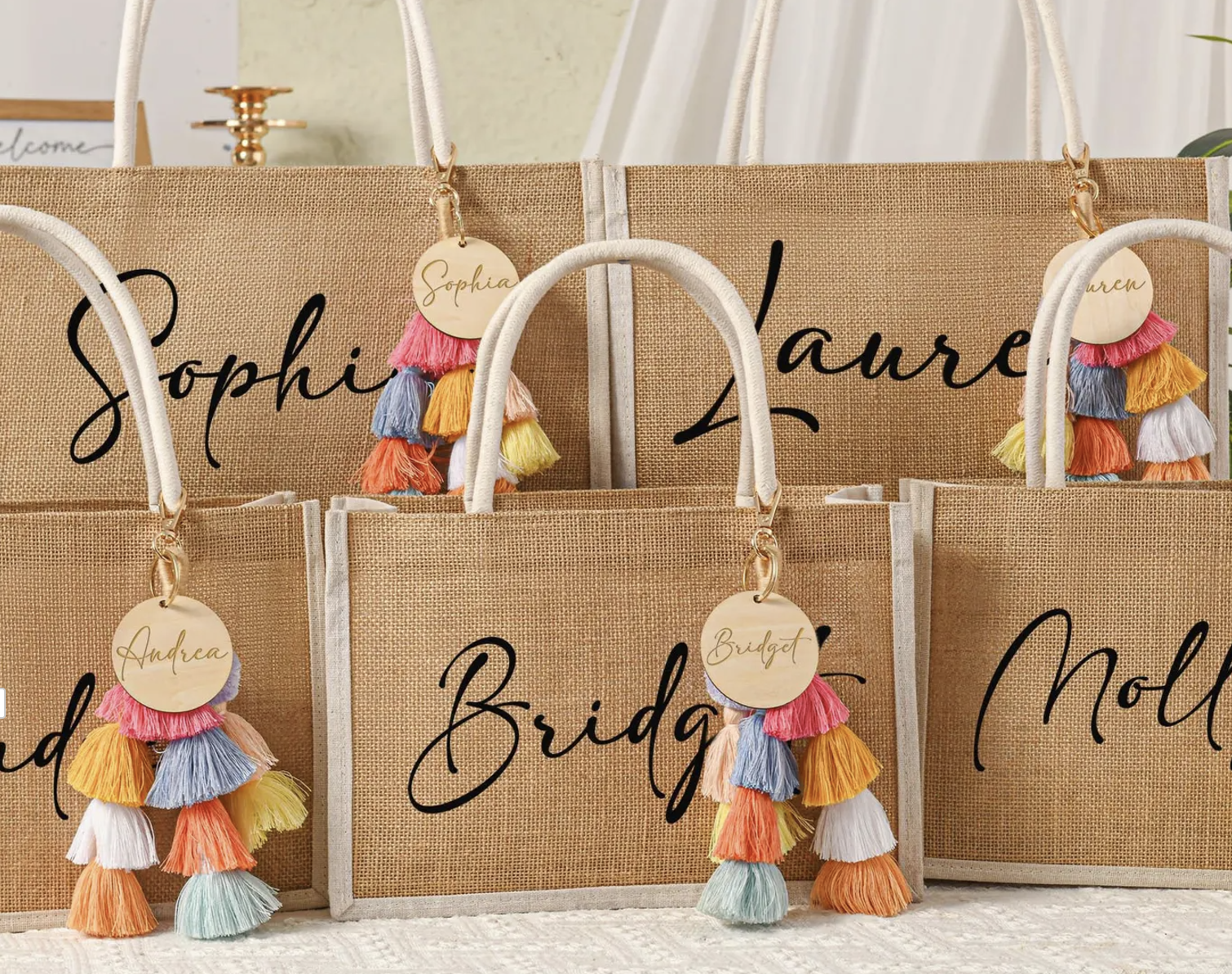 Custom burlap totes with names for bachelorette party or birthday party.