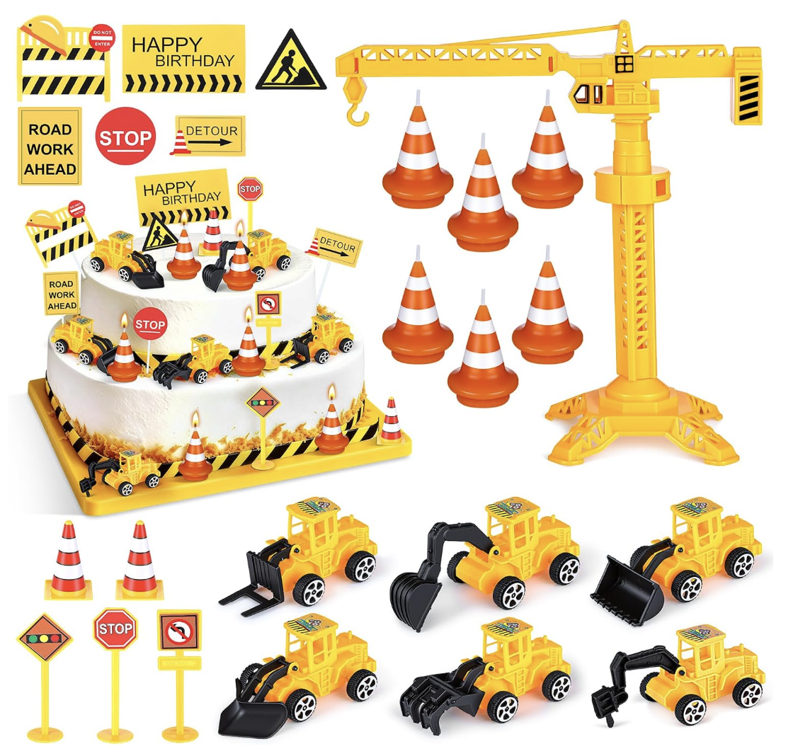 This is an image of construction zone cake toppers to buy to finish your cake design.