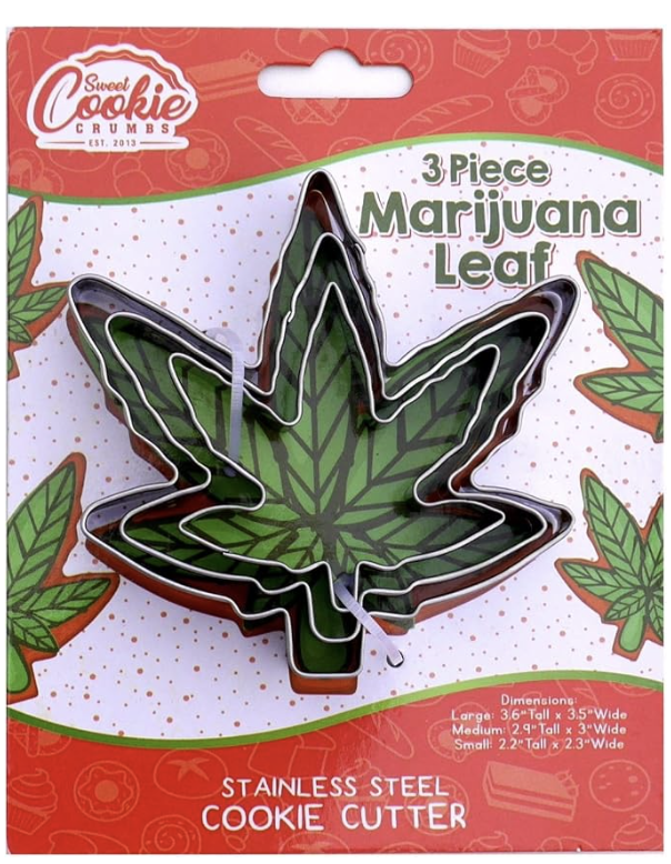 3 piece cannabis cookie cutter set. Cookie cutters shaped like cannabis leaves.