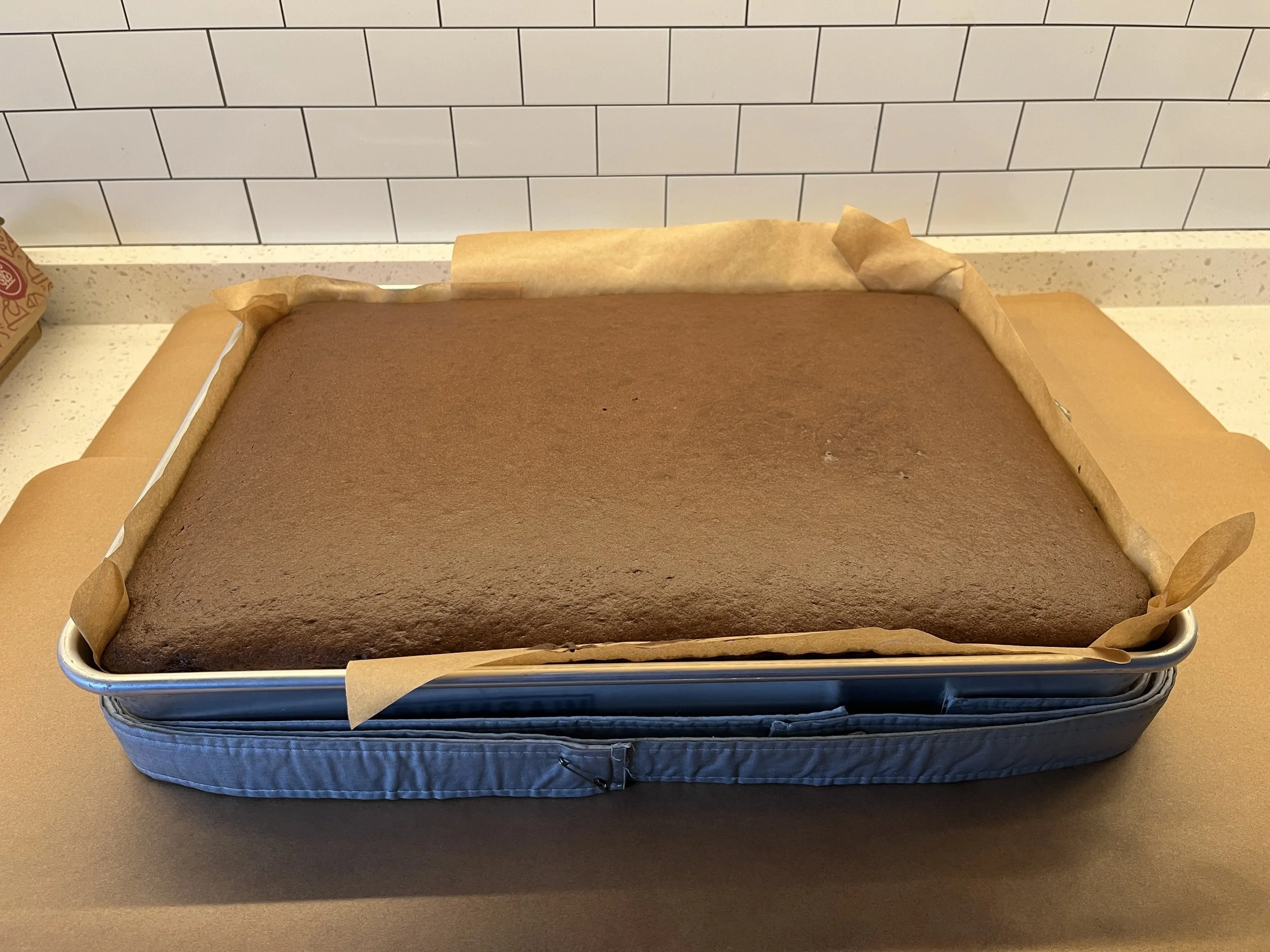 Chocolate Sheet Cake in a sheet pan for a construction zone cake.