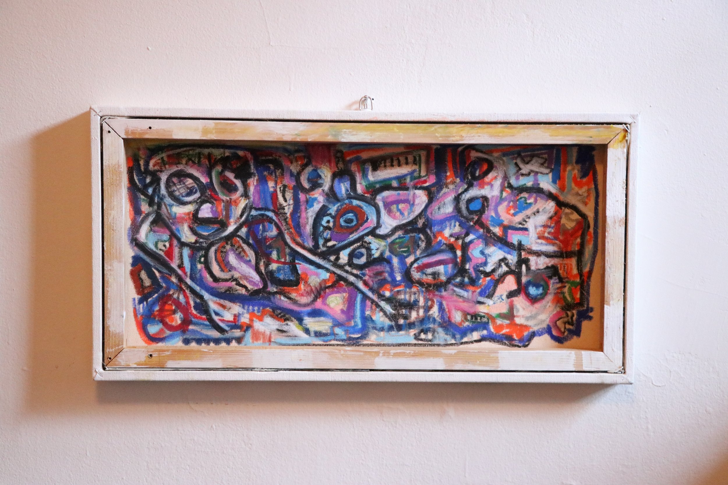 Katy Pinke, Improvisation to sound - I (2021), Oil pastel on the backside of found stretched canvas, 12 x 24 “