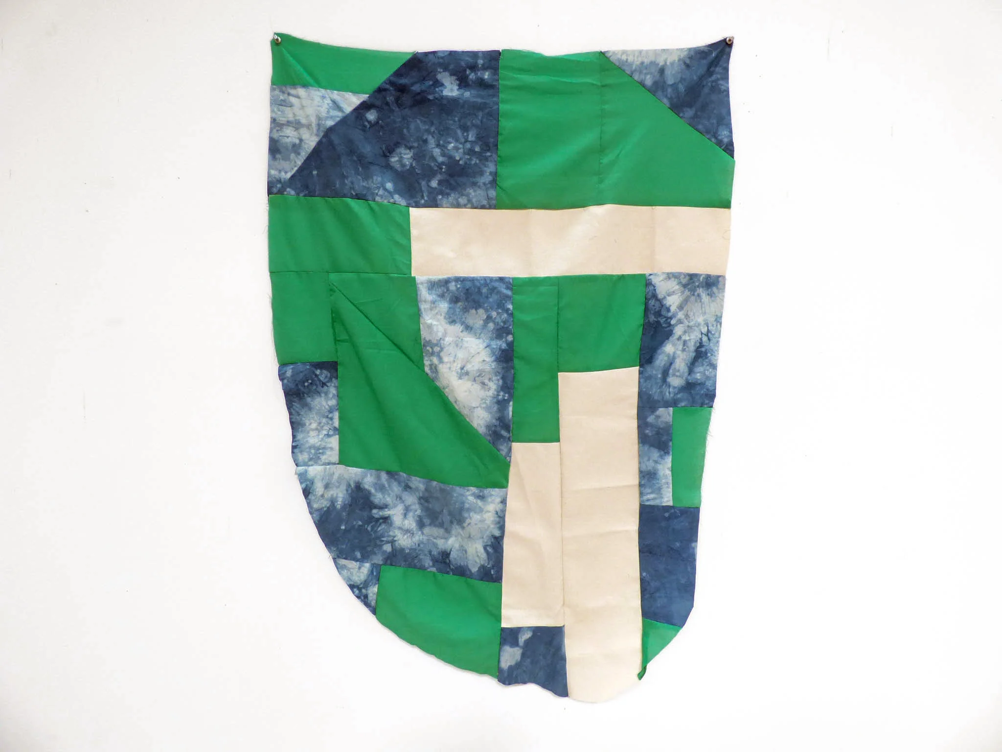 Kelly Green, Royal Blue, Beige , 2017 indigo dyed cotton, found fabric, raw canvas, thread