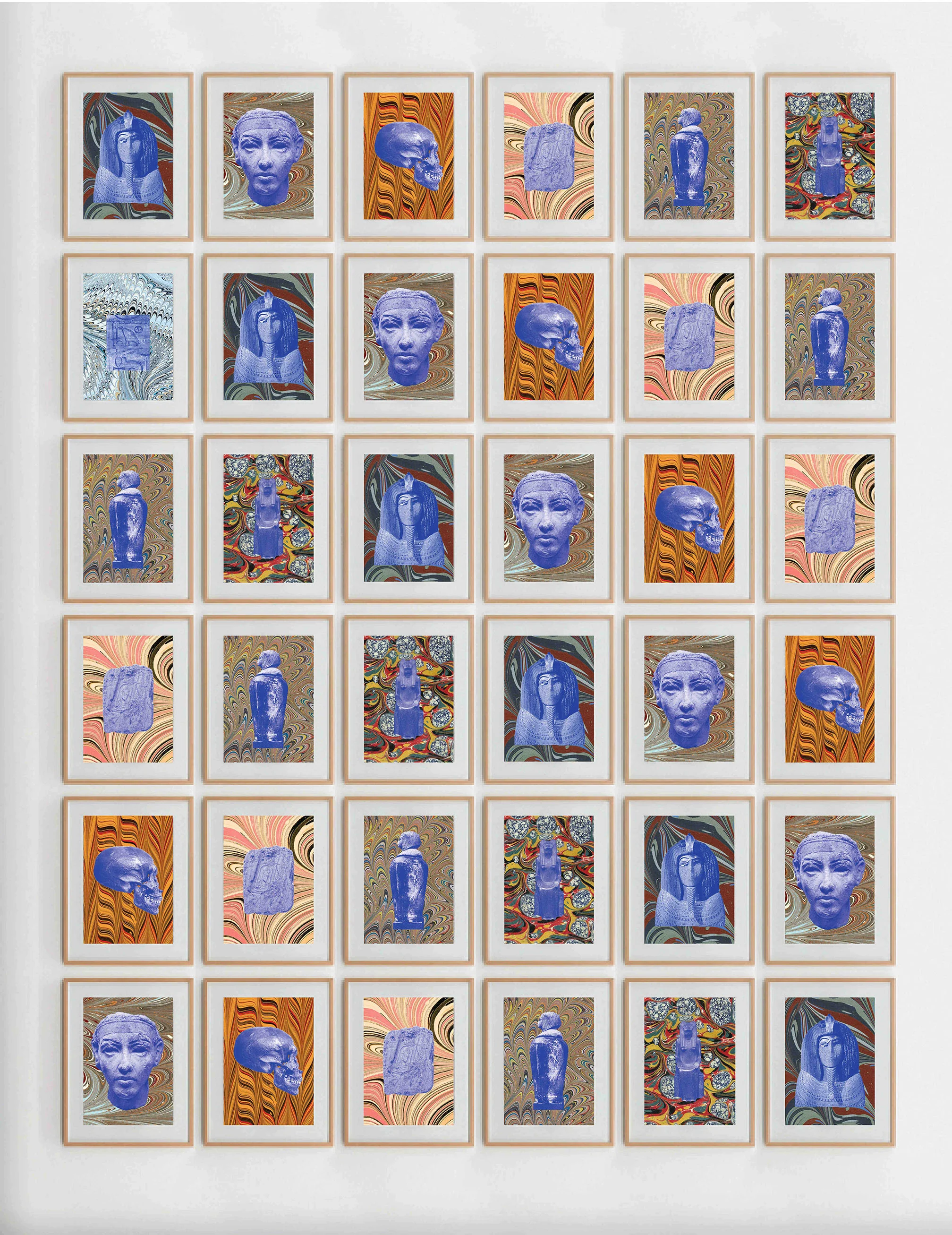 Series of 36 collages juxtaposing marbled endpapers taken from voyage journals, atlases, and other manuscripts from the late 1700s to the early 1800s, with manipulated found photographs of articfacts uncovered from the ancient Egtpyian tomb site, KV55.