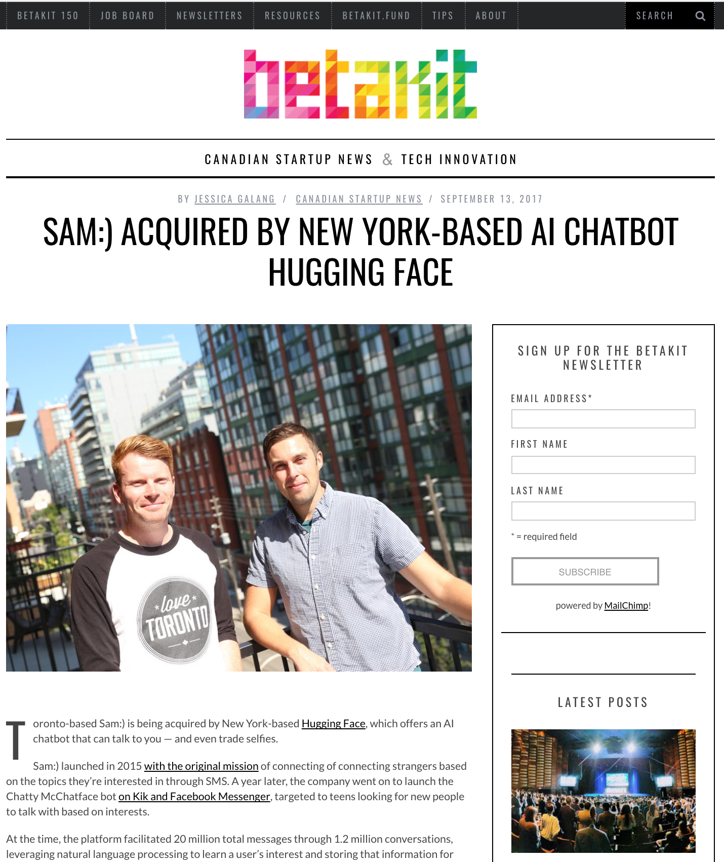 Sam:) Acquired by New York-Based AI Chatbot Hugging Face