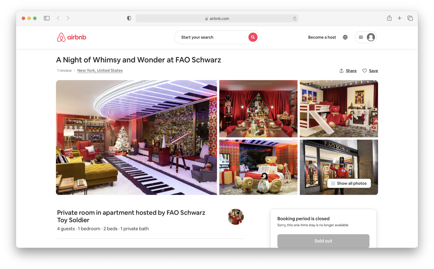 Airbnb FAO Schwarz listing in NYC