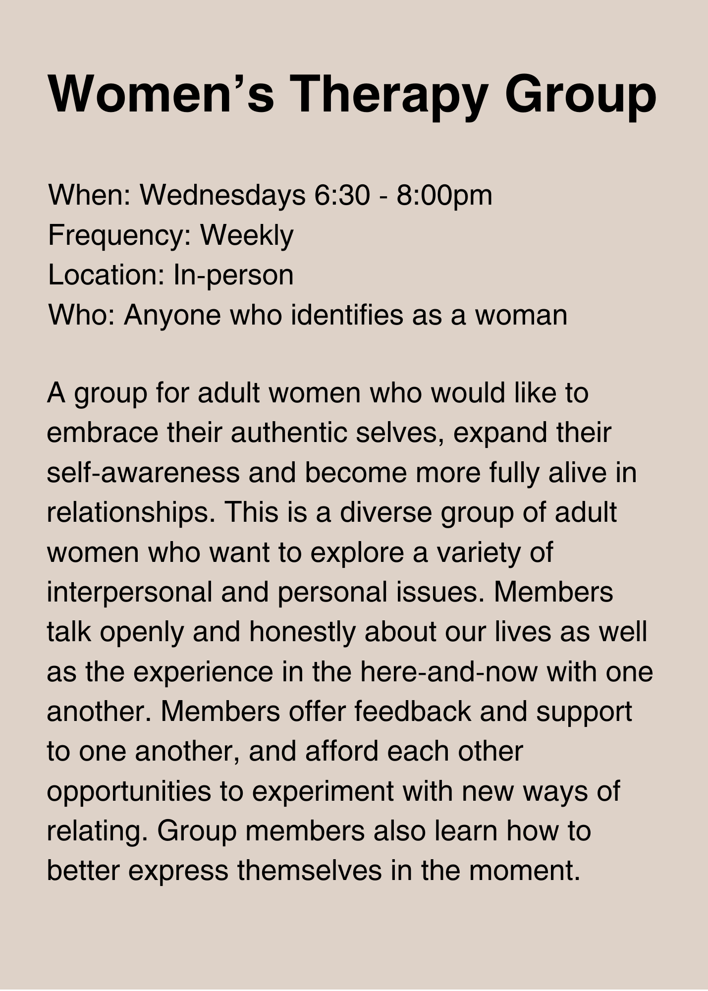 text describing an in-person women's therapy group
