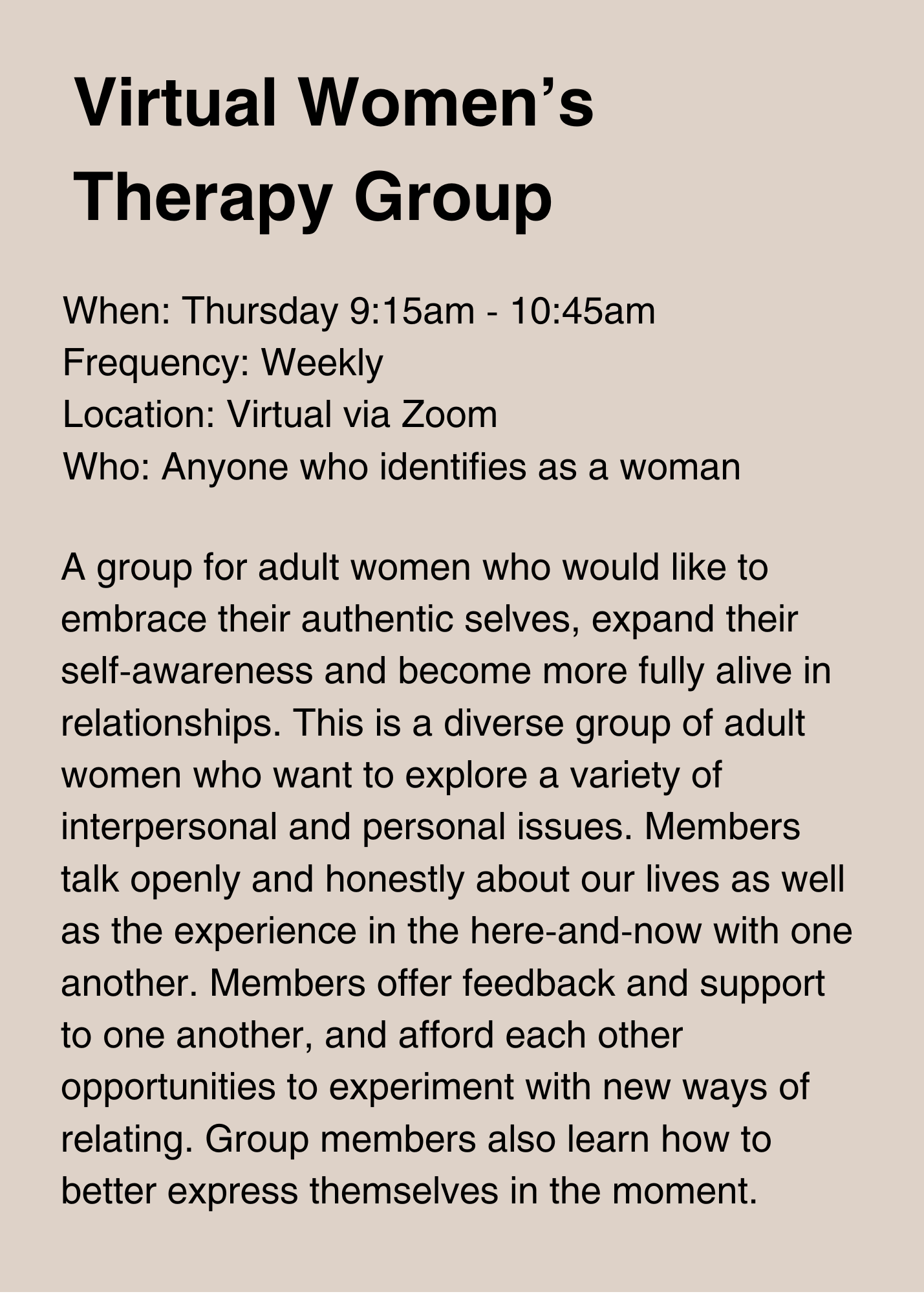text describing a virtual women's therapy group