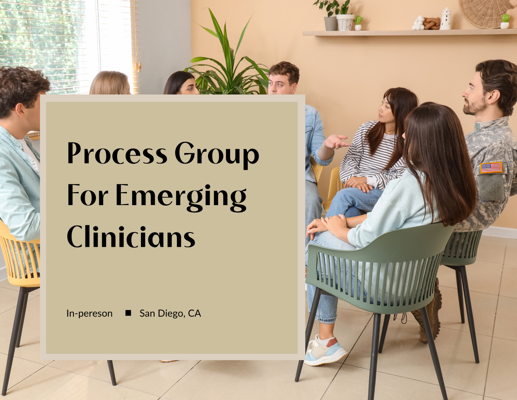 sign advertising a group for new clinicians with a group of people sitting in chairs