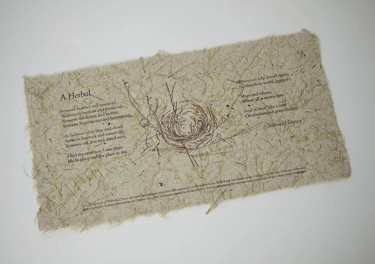 A Herbal is a collaborative print with Rachel Melis featuring the poetry of Seamus Heaney. It is letterpress on handmade paper. Artist Proofs available ($30).