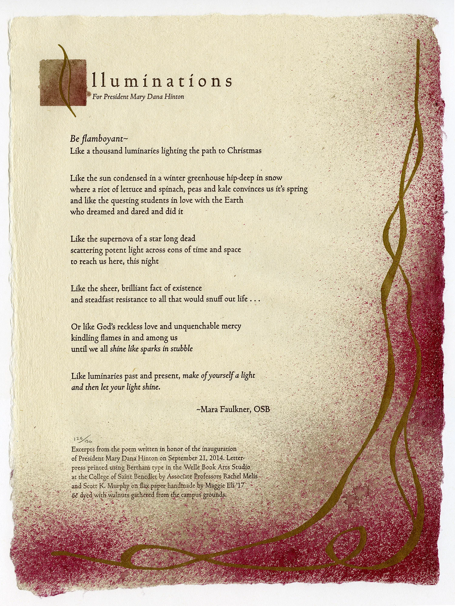 Illuminations is a collaborative print with Rachel Melis and papermaker Maggie Eli. It is made with letterpress printing and spray pigments on handmade paper. Not for sale.
