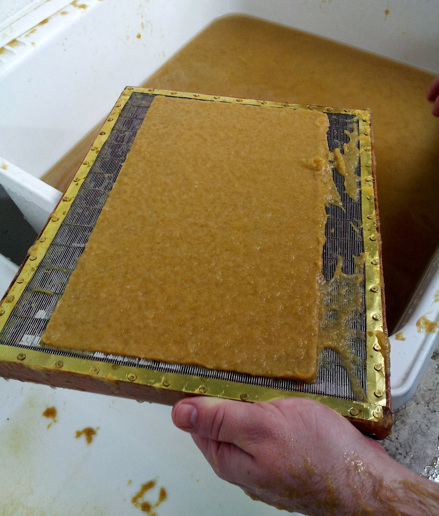 The flax was cooked, cut up and beaten in a "hollander beater" to create a pulp. Here sheets are being formed with a mould and deckle.