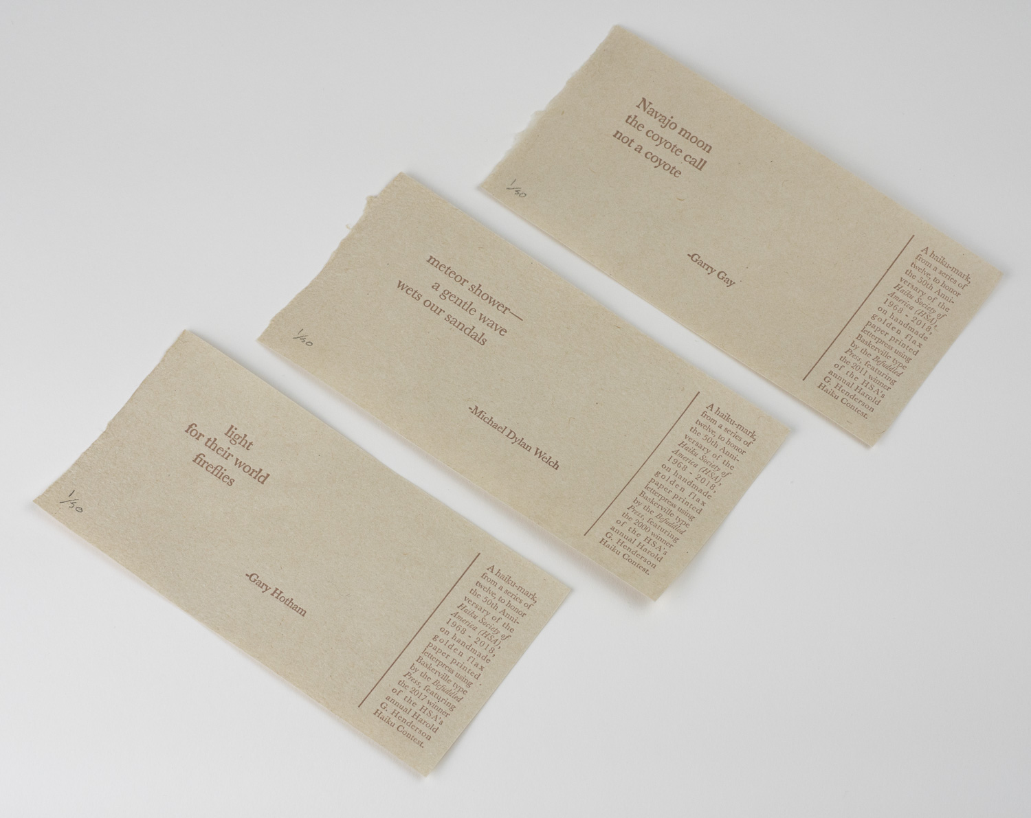 Haiku-marks can be ordered from the HSA (ordering opens on 10/1 - contact Dianne Garcia for questions regarding orders). Prices: $10 per broadside, $50 for 6, or $100 for the set of 12 (shipping is included).