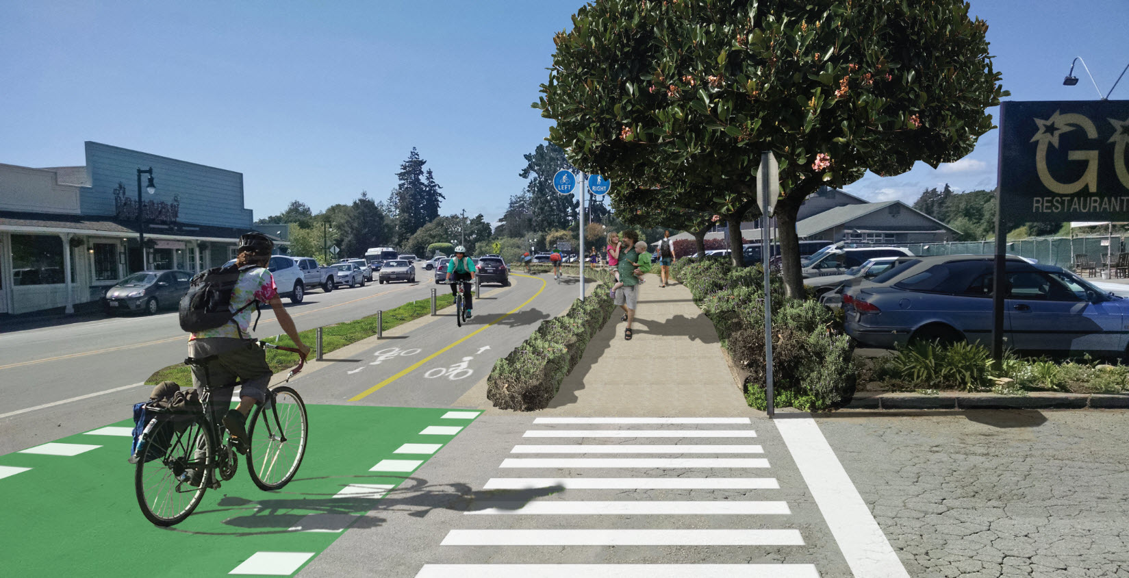 A bi-directional bike path and pedestrian walkway in Aptos Village