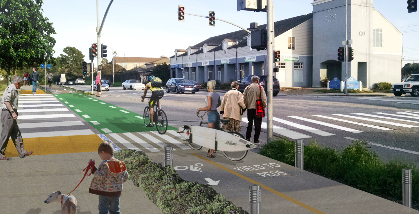 A bi-directional bike path and pedestrian walkway at Seabright Ave. and Murray St.