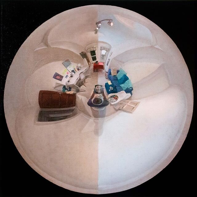 Day And Night (study), Oil on Linen, 30 x 30cm, 2020.  #oilpainting #oilonlinen #study #artstudy #panorama #interior #art #headless #dayandnight #space #spacetime #livingroom #sphere #sphericalpanorama #spherical #observationaldrawing #observationalp