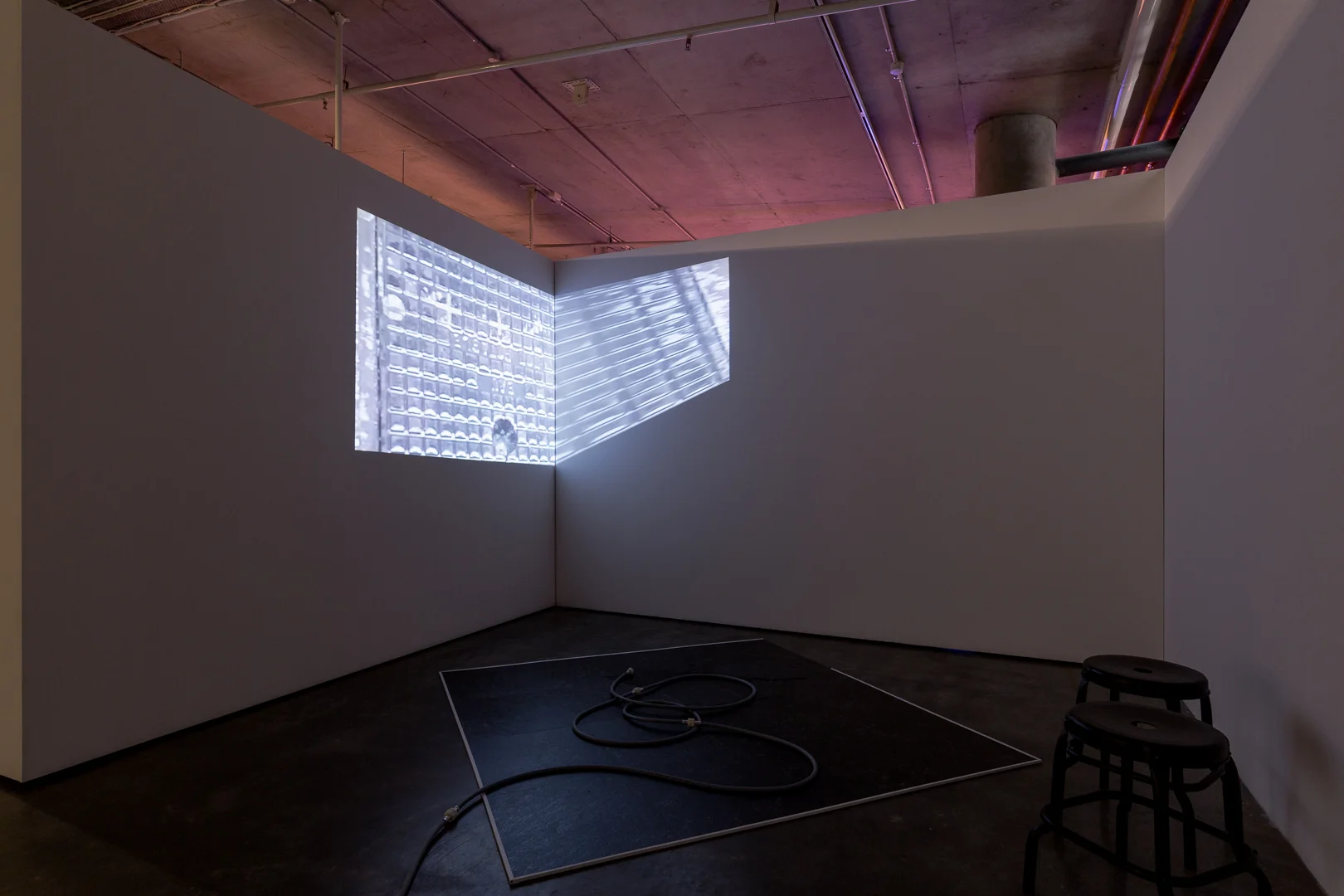 L > R wetness quartet . 2017. (install view). single-channel video. 00:34:18 https://vimeo.com/246082006 this is that hose . 2017-18. (install view). vinyl, particle board, rubber hose, water, stools. dimensions variable