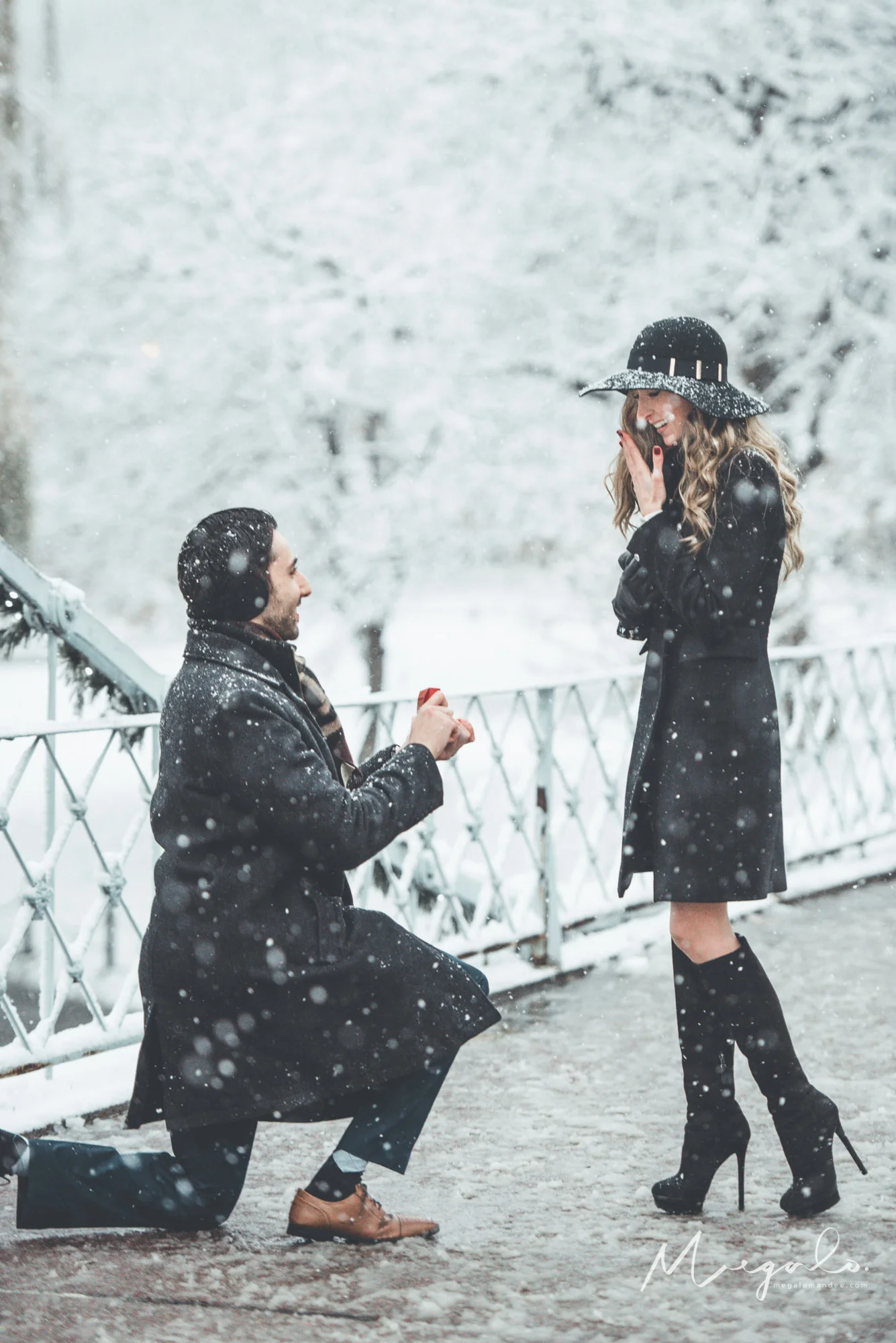 A man kneels to propose on the iconic Boston Public Garden bridge in Boston Common while his girlfriend stands with her hands over her mouth in surprise as snow falls gently around them.