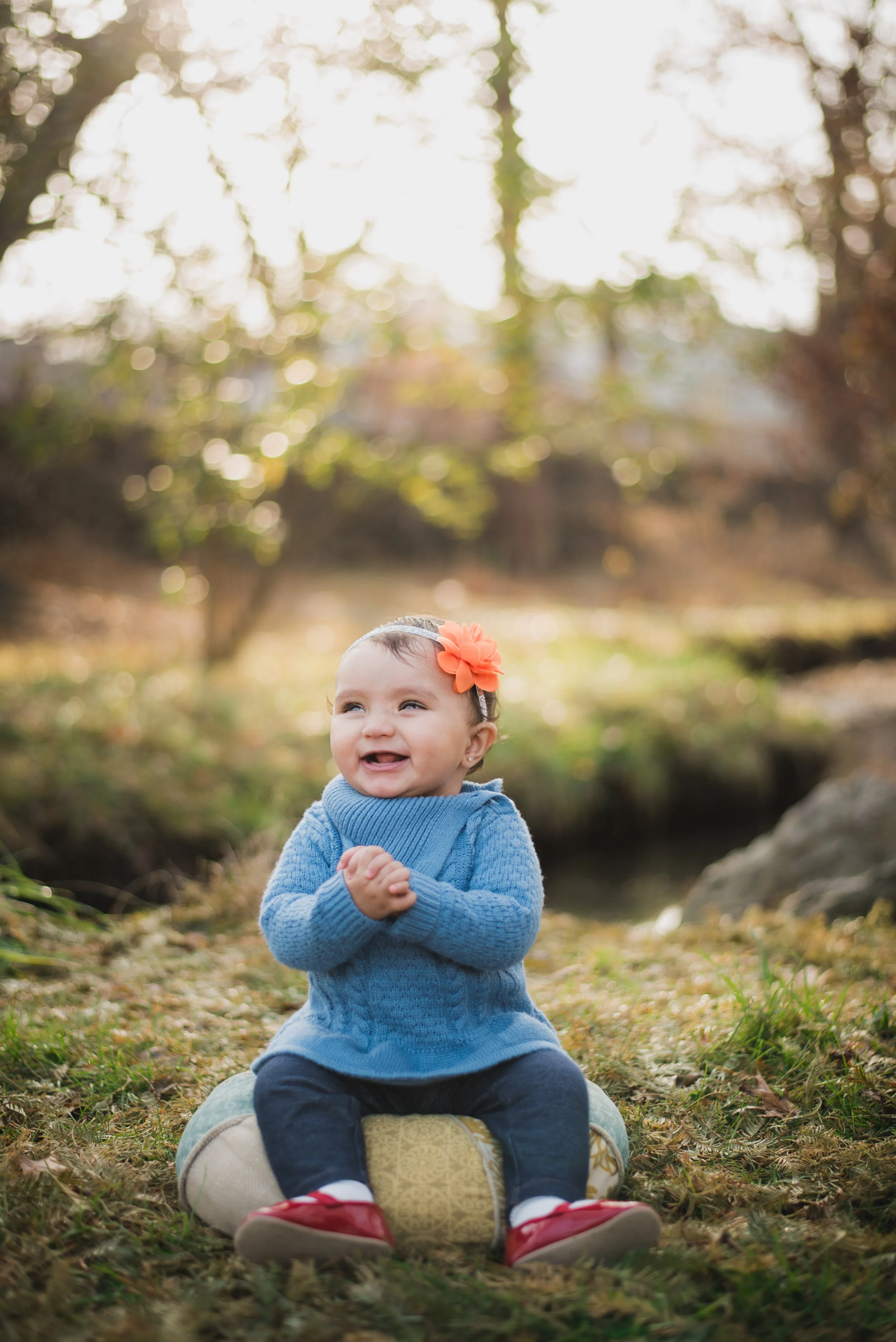 A smiling baby sits on a pillow on the ground of the Arnold Arboretum, clapping her hands.
