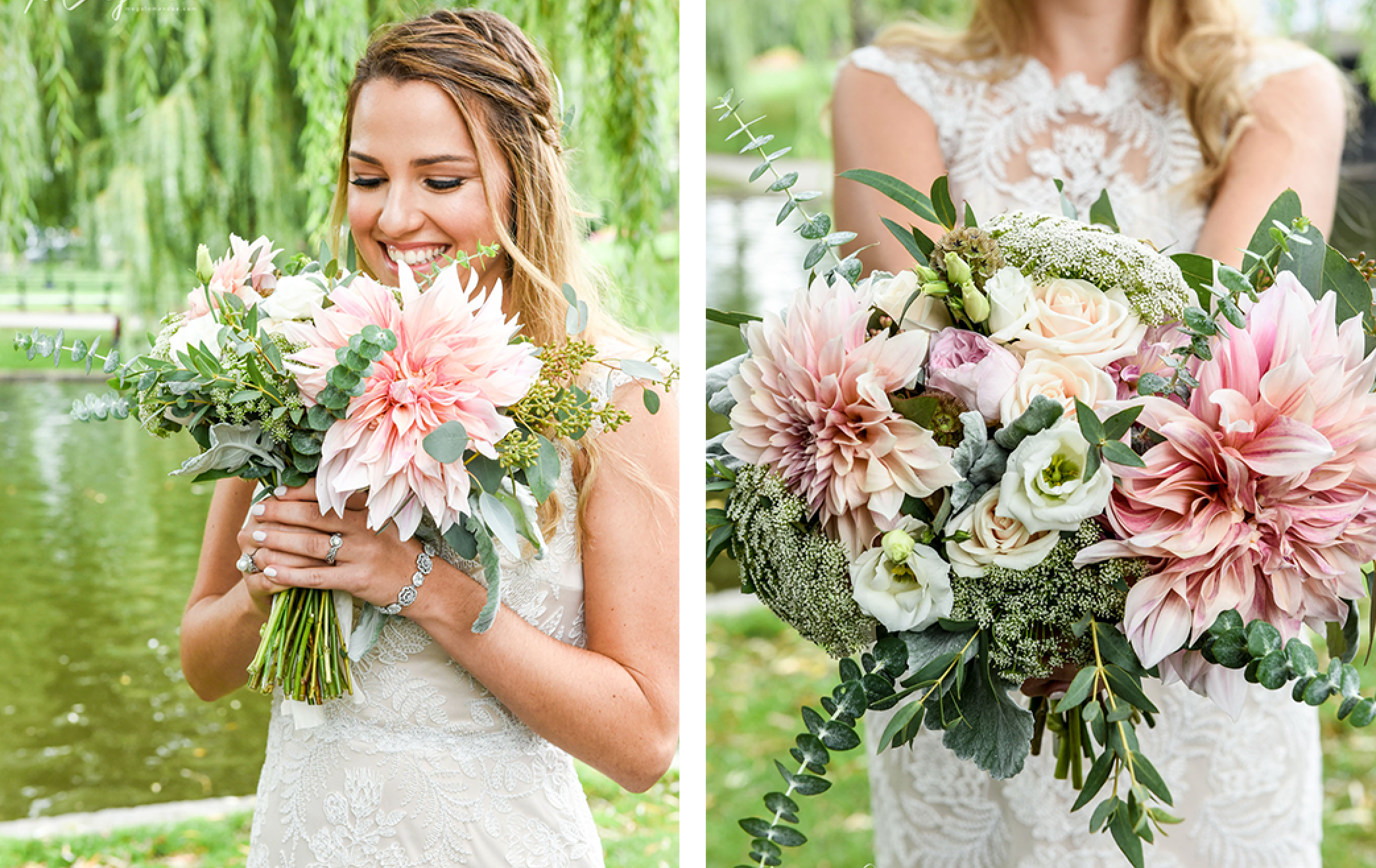 A bride stands in the Boston Common in spring looking at her bouquet and smiling.