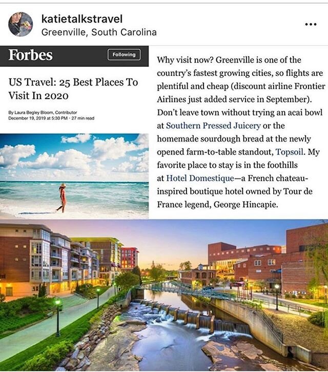 Oh hello! Thank you @katietalkstravel and @forbes for showcasing our treasure of a town AND the fresh baked sourdough at @topsoilrestaurant ! Book your GVL trip for 2020, every bunny&rsquo;s doing it! 🐰✈️
&bull;
&bull;
&bull;
#visitgreenvillesc #yea