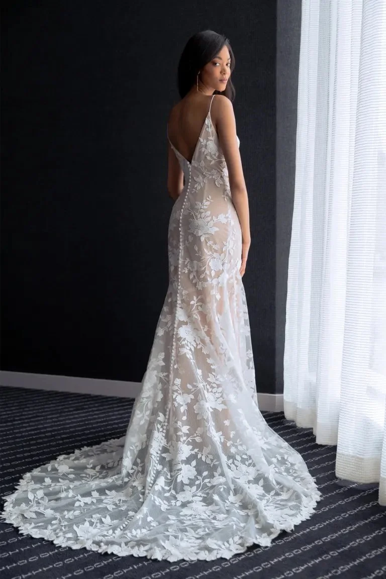 white dress design with lace Leaf Lace Plunge Tulle Illusion Sleeved A-line Wedding Dress main image 1