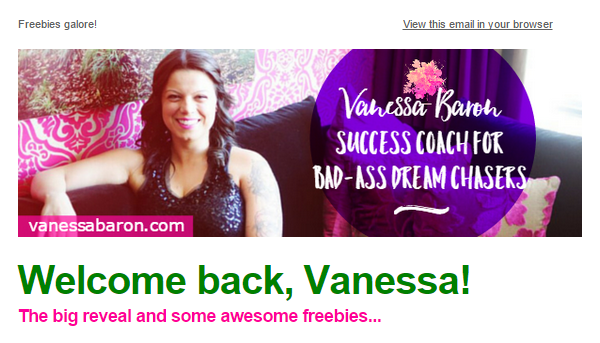  ^ email banner and welcome note from my most recent email revealing my new website (see how I was sure to mention there were a bunch of freebies in it for them?)